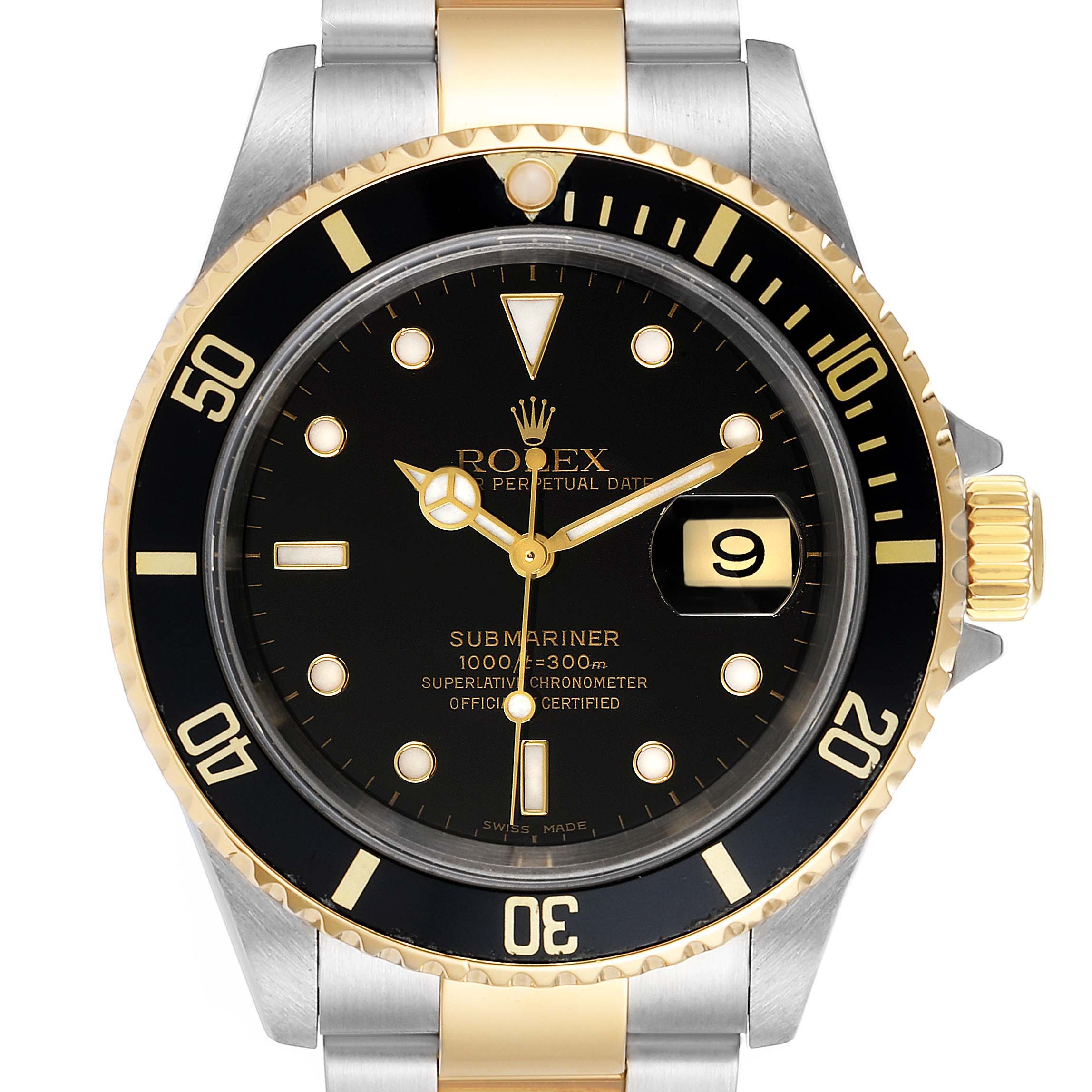 This Rolex Submariner 16613 Men's Steel and Gold (two tone) Black Dial 16613 Men's Steel and Gold (two tone) Black Dial watch is shown from a front angle, displaying the dial, bezel, and part of the bracelet.