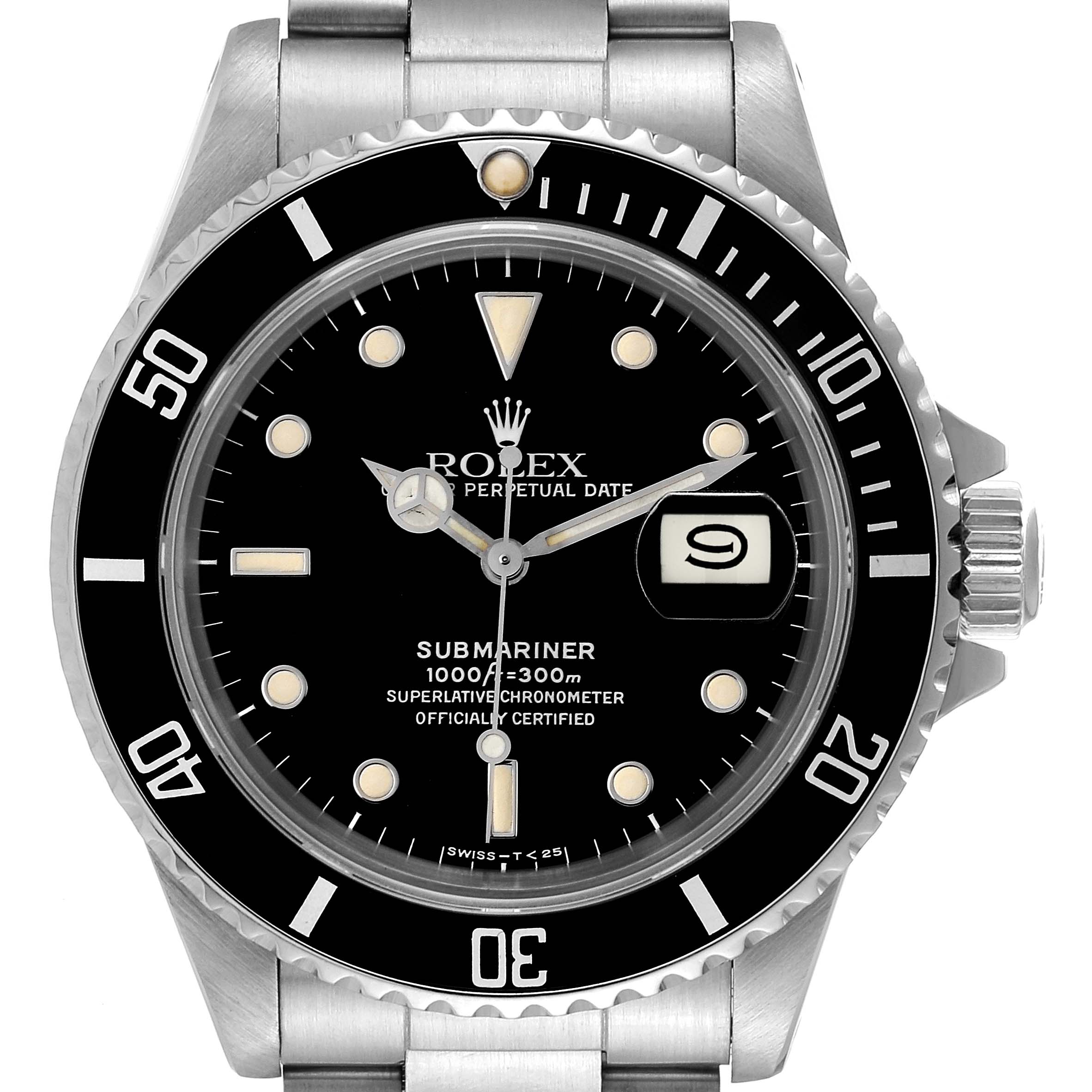 The image shows a front view of a Rolex Submariner 168000 Men's Stainless Steel Black Dial 168000 Men's Stainless Steel Black Dial watch, highlighting the dial, bezel, date window, and bracelet.