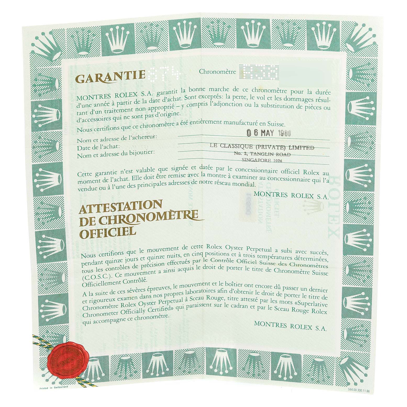 The image shows a top view of a warranty and chronometer certificate for a Rolex Submariner 168000 Men's Stainless Steel Black Dial 168000 Men's Stainless Steel Black Dial watch.