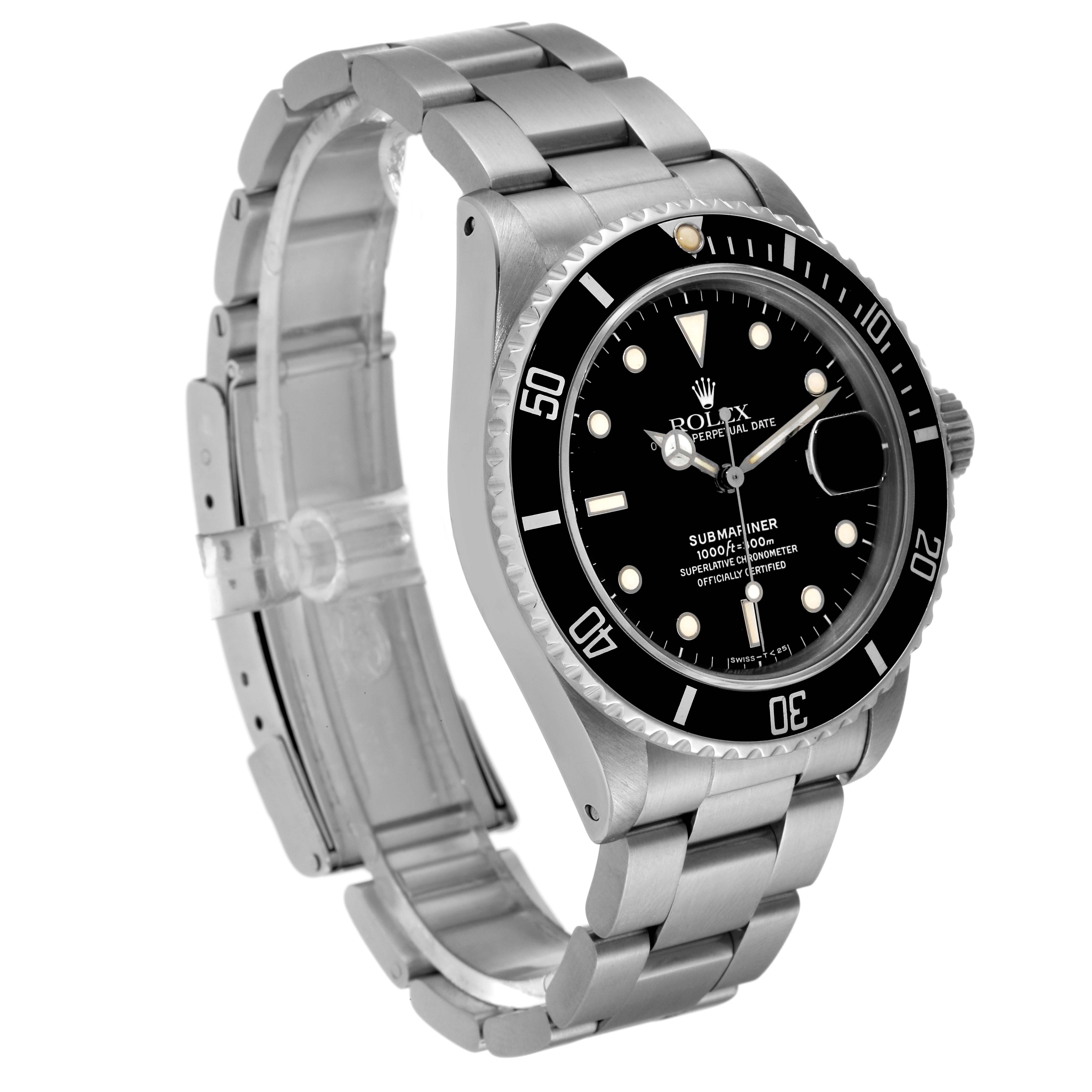 The Rolex Submariner 168000 Men's Stainless Steel Black Dial 168000 Men's Stainless Steel Black Dial watch is shown at a three-quarter angle, highlighting the face, bezel, and bracelet.