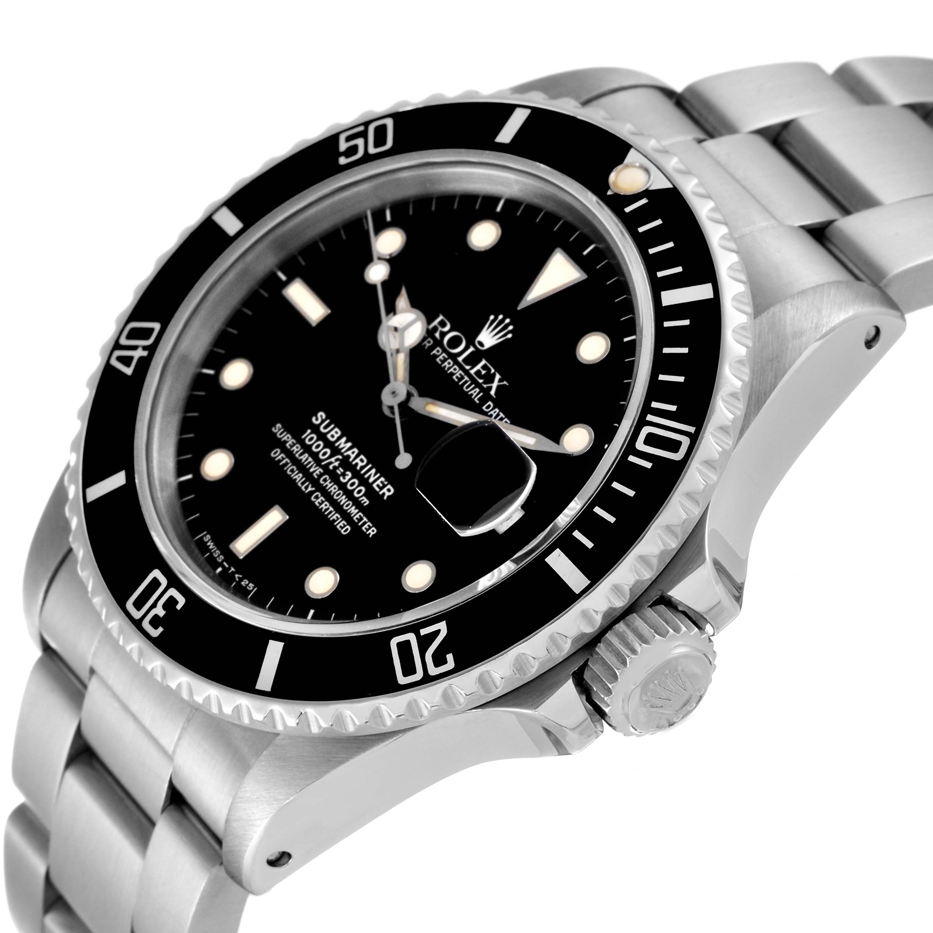The image shows a side angle of the Rolex Submariner 168000 Men's Stainless Steel Black Dial 168000 Men's Stainless Steel Black Dial, highlighting the bezel, dial, crown, and part of the bracelet.