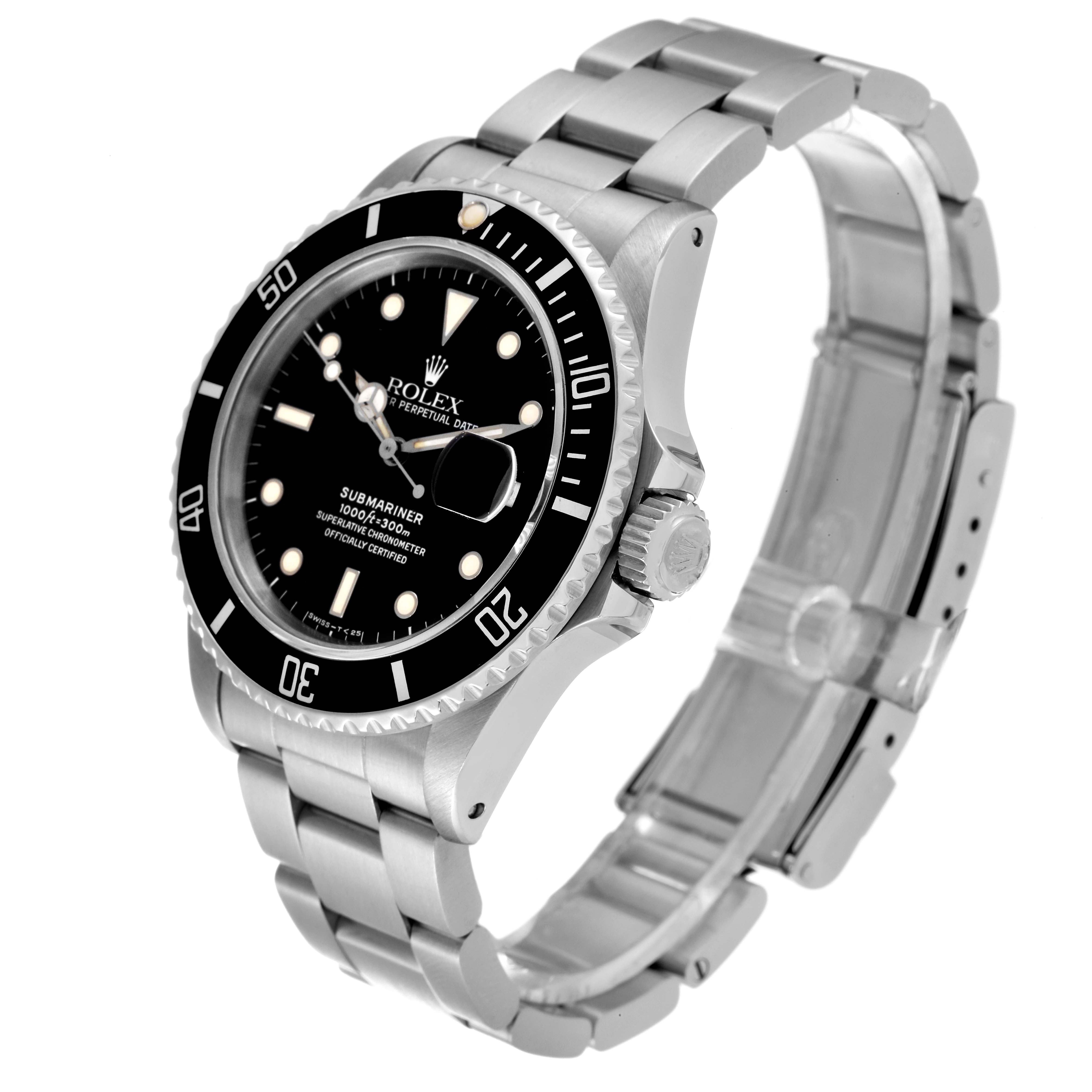 The Rolex Submariner 168000 Men's Stainless Steel Black Dial 168000 Men's Stainless Steel Black Dial watch is shown in a three-quarter view, displaying the face, bezel, crown, and bracelet.