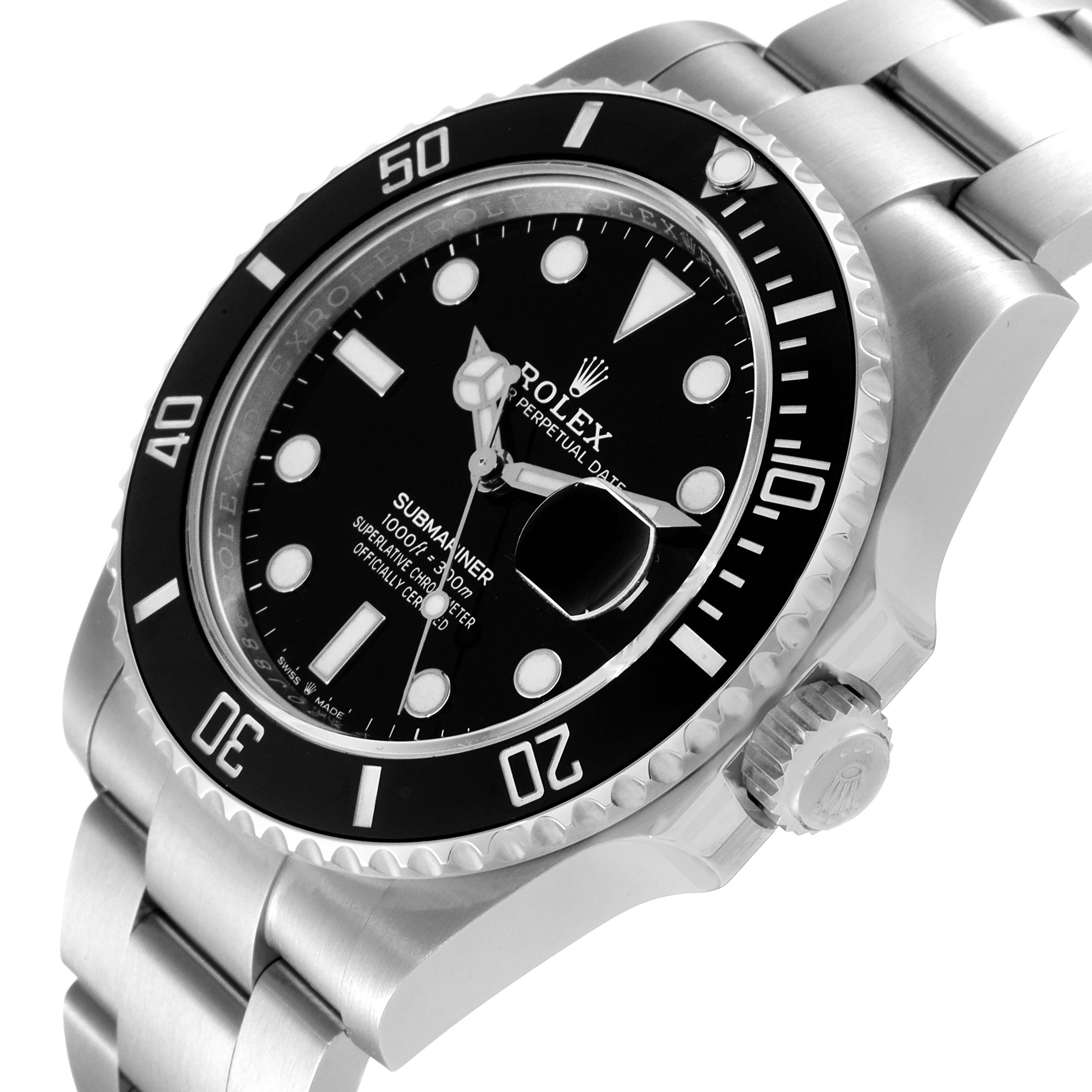 The image shows a Rolex Submariner 126610 Men
s Stainless Steel Black Dial 126610 Men
s Stainless Steel Black Dial watch at an angled view, highlighting the dial, bezel, crown, and part of the bracelet.