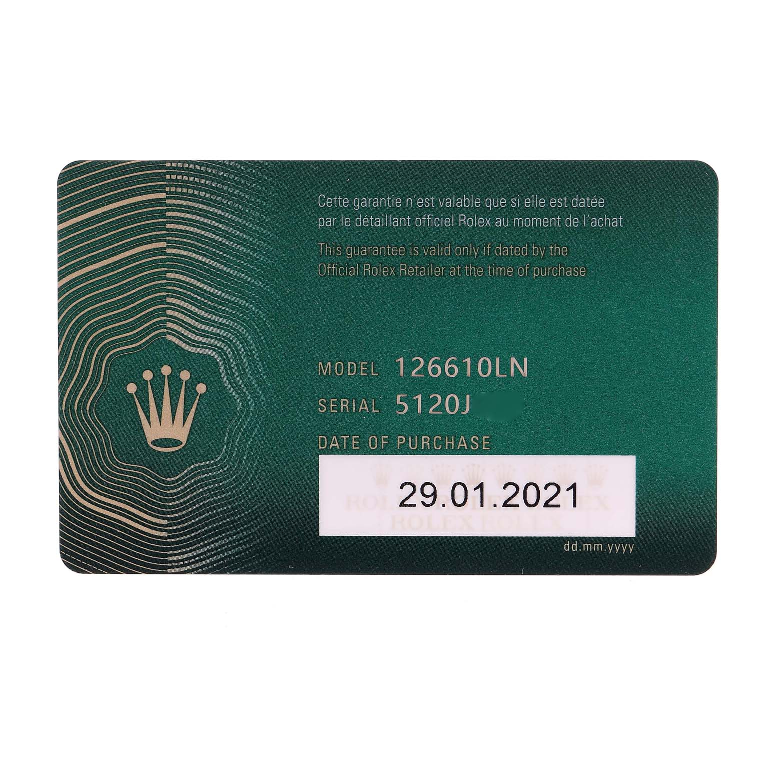 This image shows the warranty card for a Rolex Submariner 126610 Men
s Stainless Steel Black Dial 126610 Men
s Stainless Steel Black Dial model 126610LN, including serial number and purchase date.