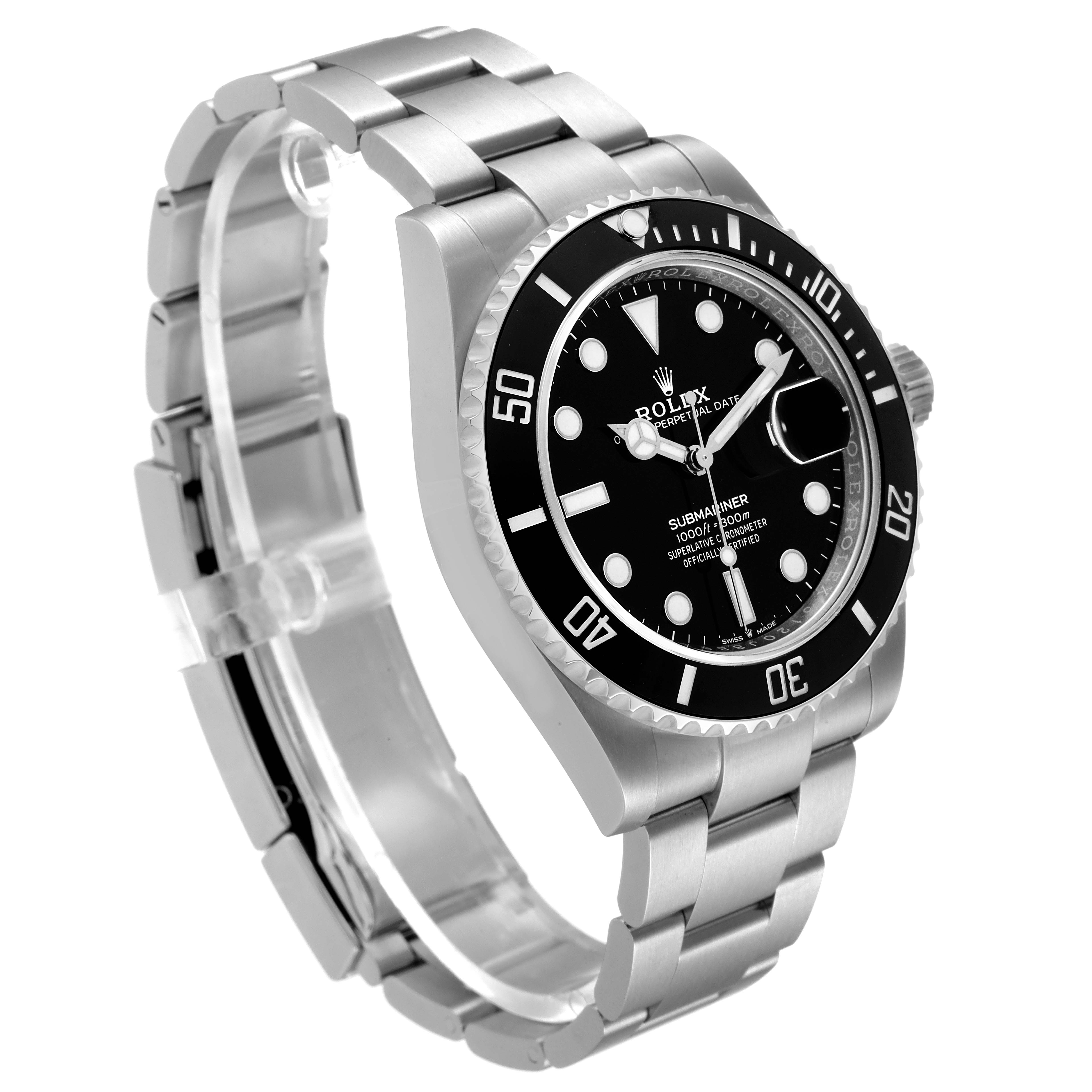 The image shows a side perspective of a Rolex Submariner 126610 Men
s Stainless Steel Black Dial 126610 Men
s Stainless Steel Black Dial watch, displaying its bezel, dial, crown, and metal bracelet.