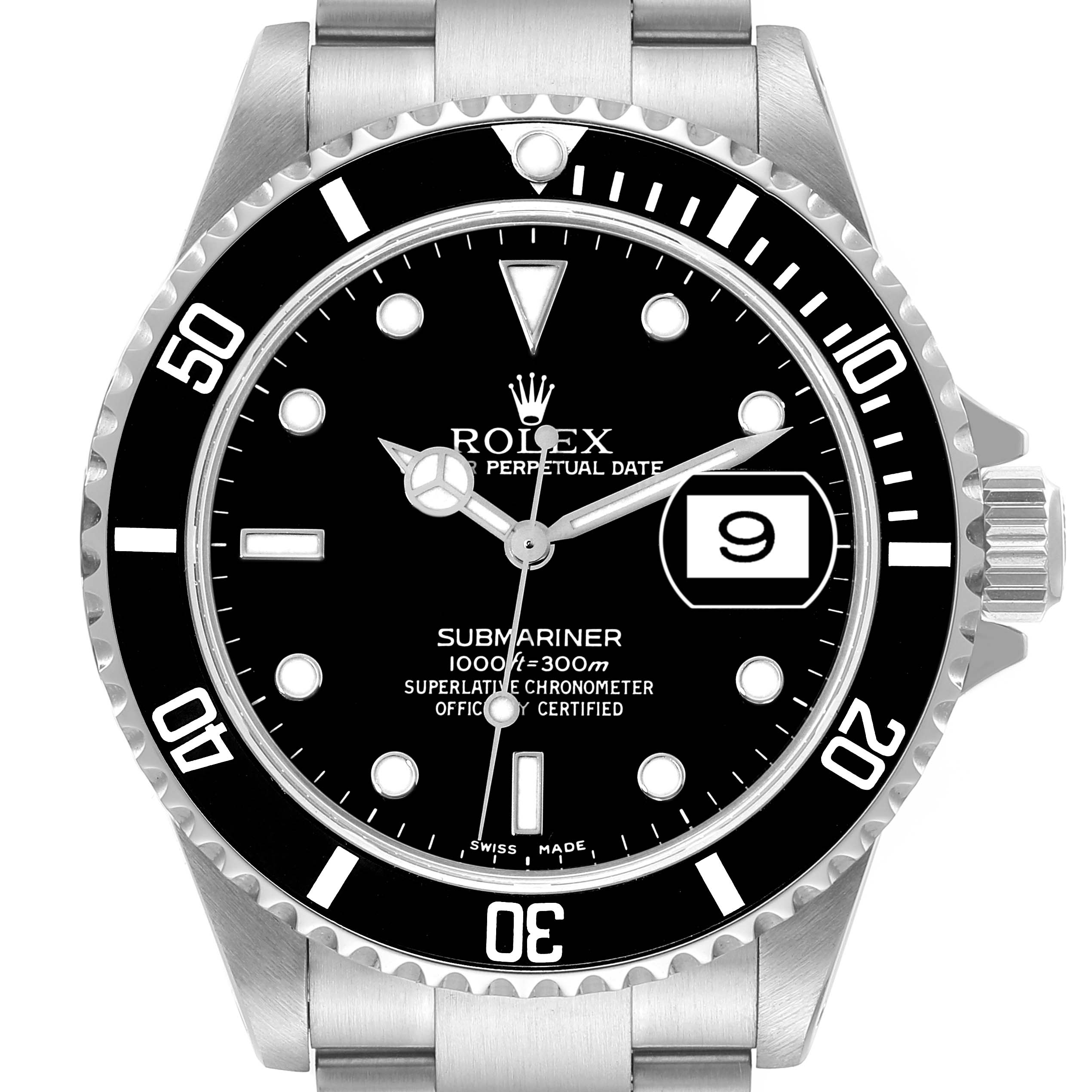 This image shows a front view of a Rolex Submariner 16610 Men's Stainless Steel Black Dial 16610 Men's Stainless Steel Black Dial watch, displaying the dial, bezel, and part of the bracelet.