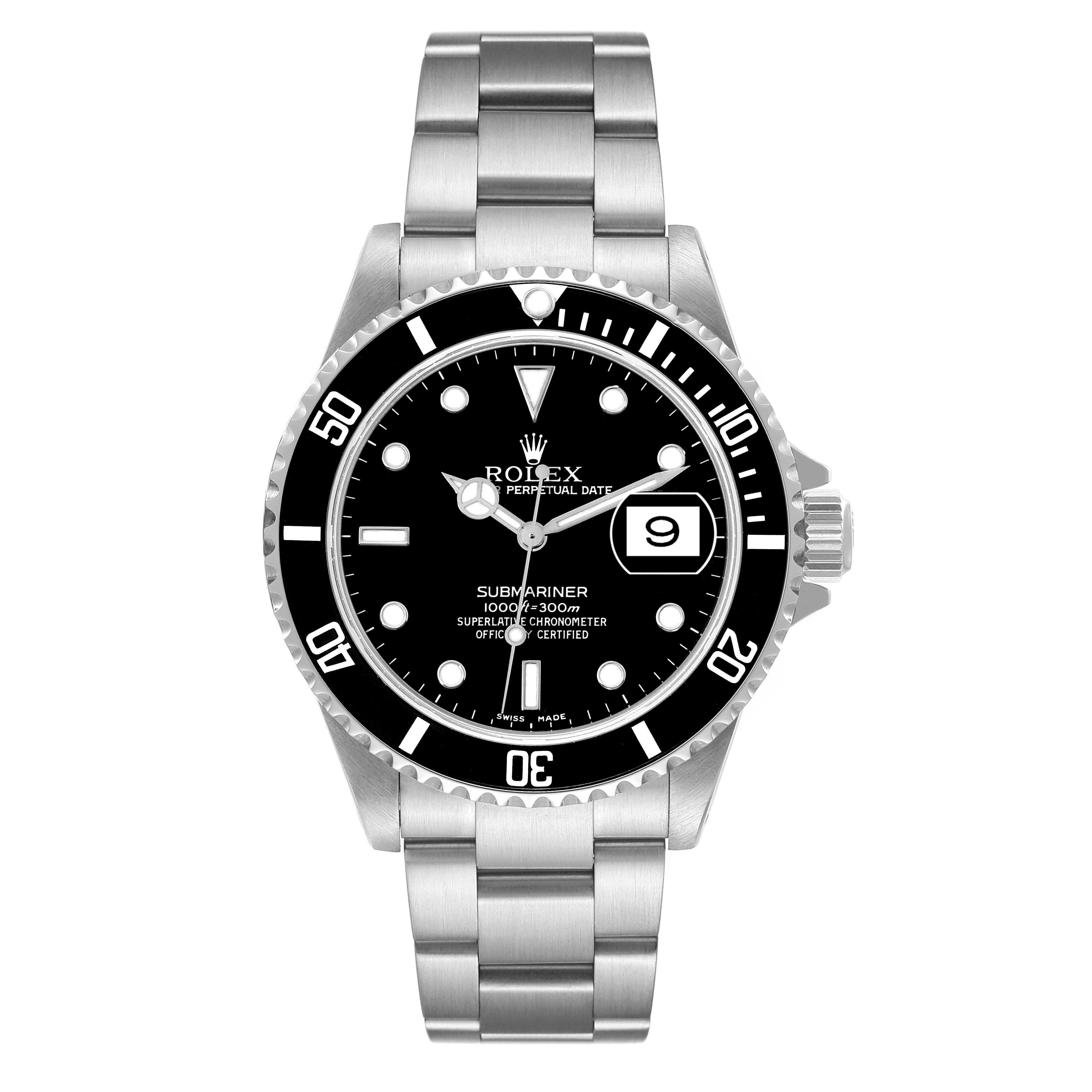 The image shows a front view of the Rolex Submariner 16610 Men's Stainless Steel Black Dial 16610 Men's Stainless Steel Black Dial watch, featuring its bezel, dial, hands, and bracelet.