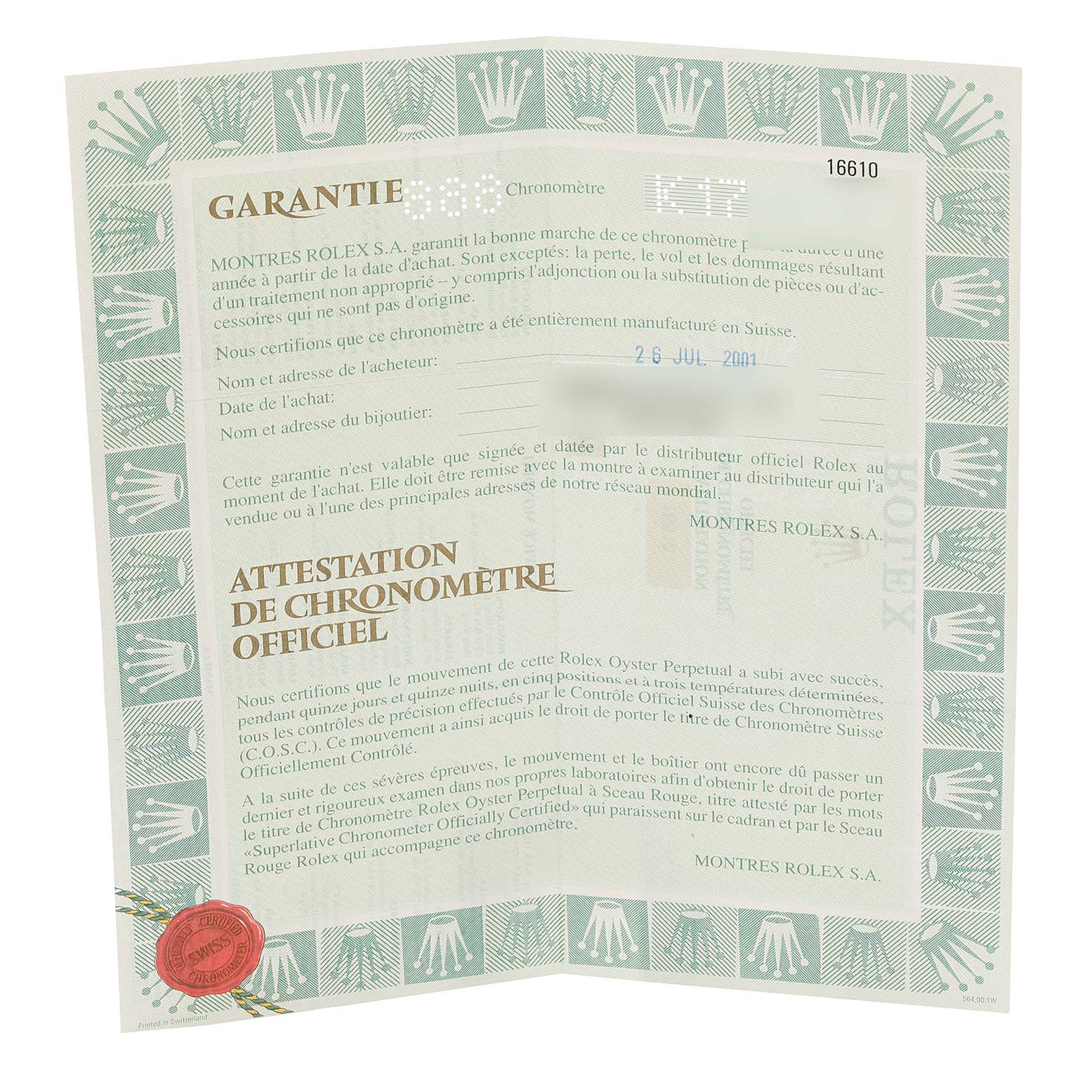 The image shows the warranty certificate for the Rolex Submariner 16610 Men's Stainless Steel Black Dial 16610 Men's Stainless Steel Black Dial model, featuring text, dates, and official seals.