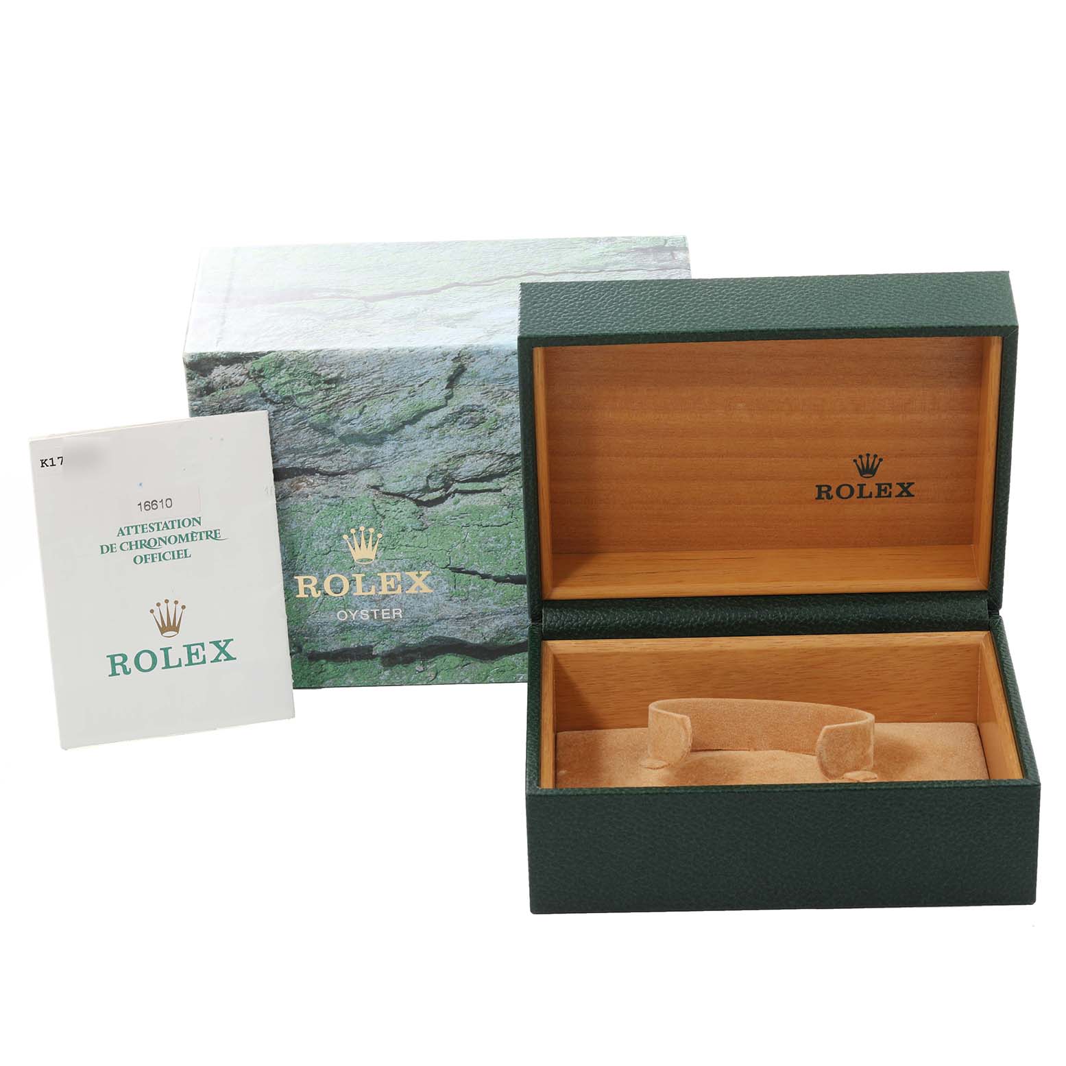 The image shows the packaging and accessories for a Rolex Submariner 16610 Men's Stainless Steel Black Dial 16610 Men's Stainless Steel Black Dial, including the outer box, inner presentation box, and documentation.