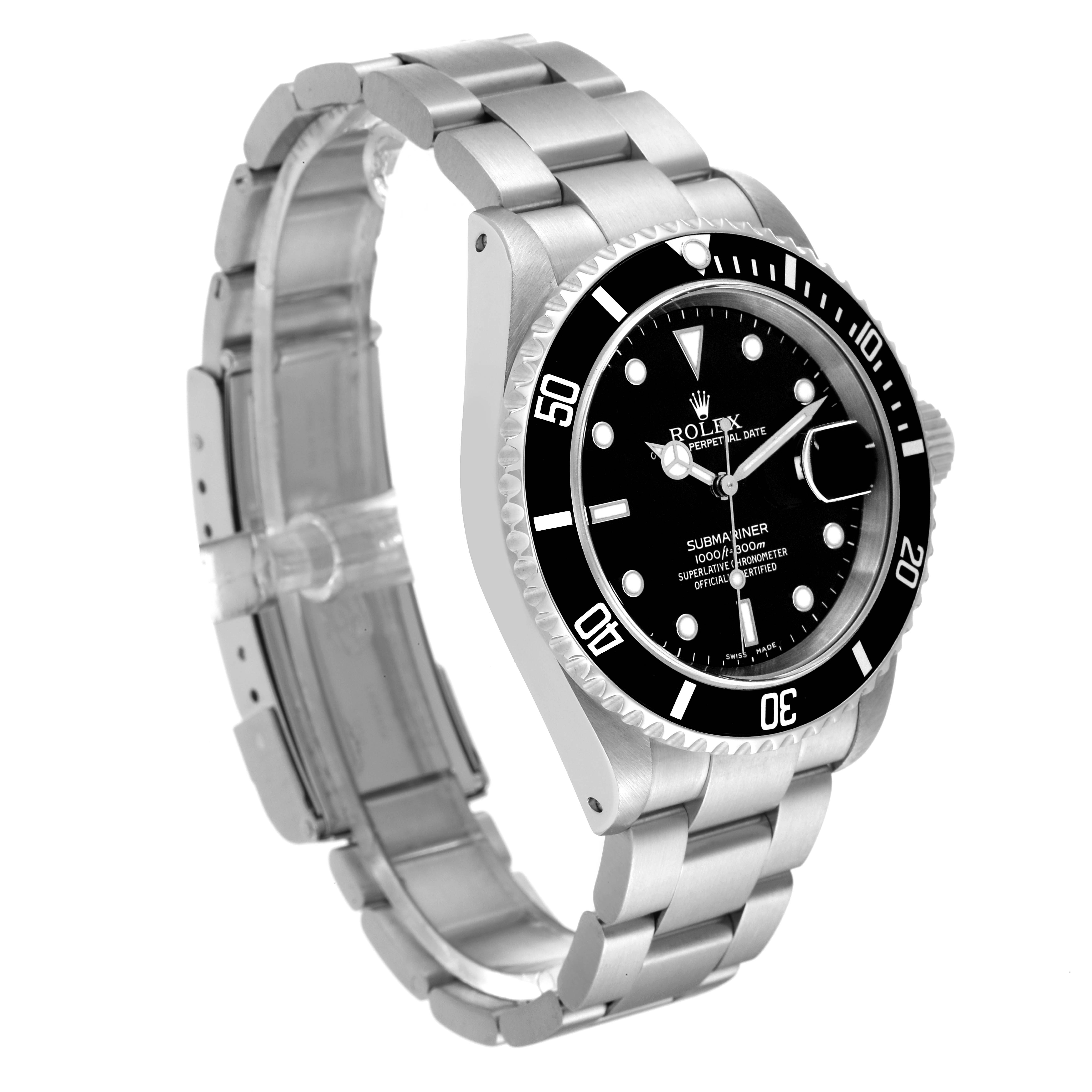 This image shows a Rolex Submariner 16610 Men's Stainless Steel Black Dial 16610 Men's Stainless Steel Black Dial watch at a three-quarter angle showcasing the face, bezel, crown, and bracelet.