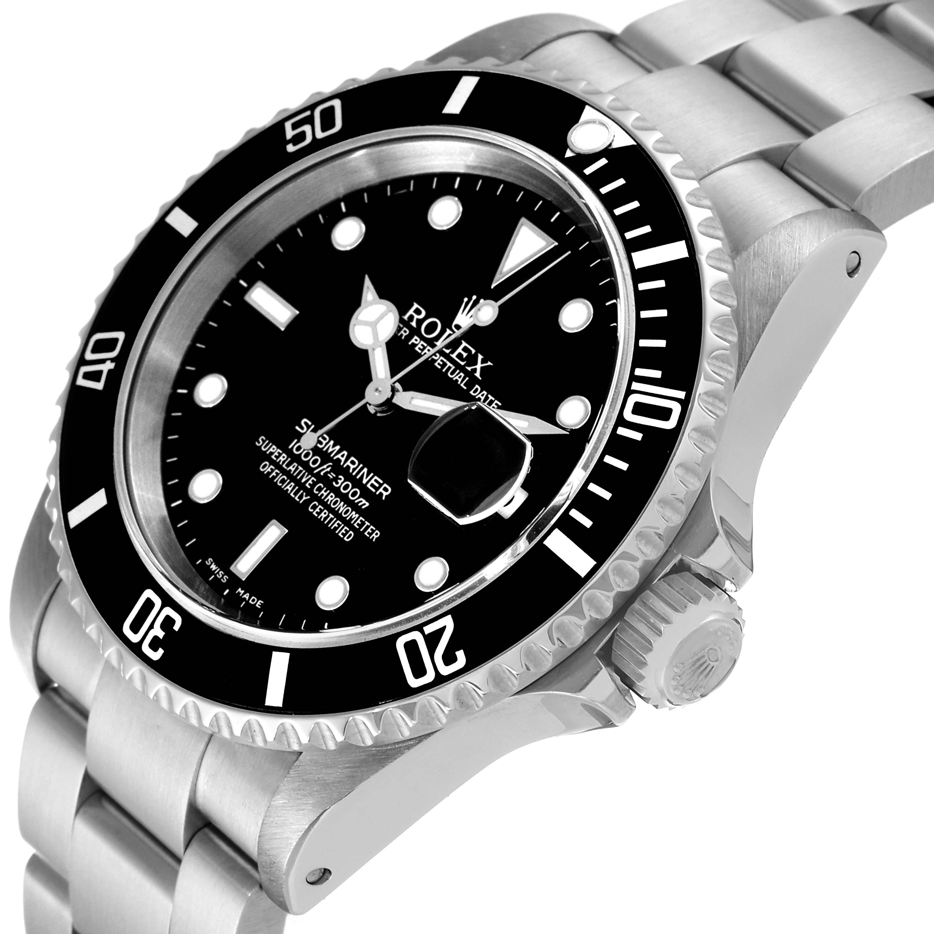 The image shows a side angle of the Rolex Submariner 16610 Men's Stainless Steel Black Dial 16610 Men's Stainless Steel Black Dial watch, highlighting the bezel, dial, crown, and bracelet.