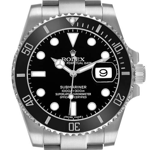 The Rolex Submariner 116610 Men's Stainless Steel Black Dial watch is shown from a front angle, highlighting the bezel, dial, and bracelet.