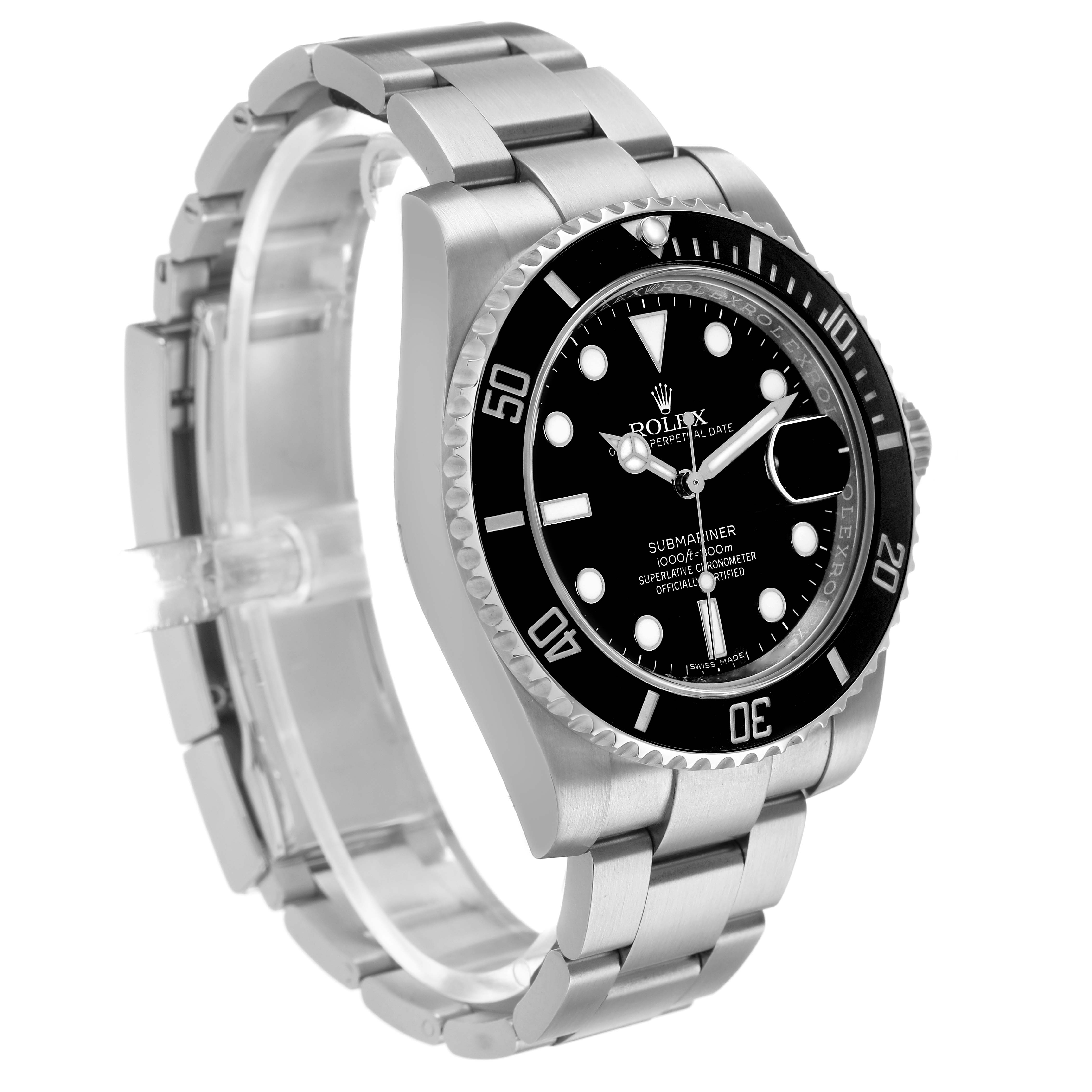 The Rolex Submariner 116610 Men's Stainless Steel Black Dial watch is shown at a side angle highlighting the bracelet, bezel, and dial.