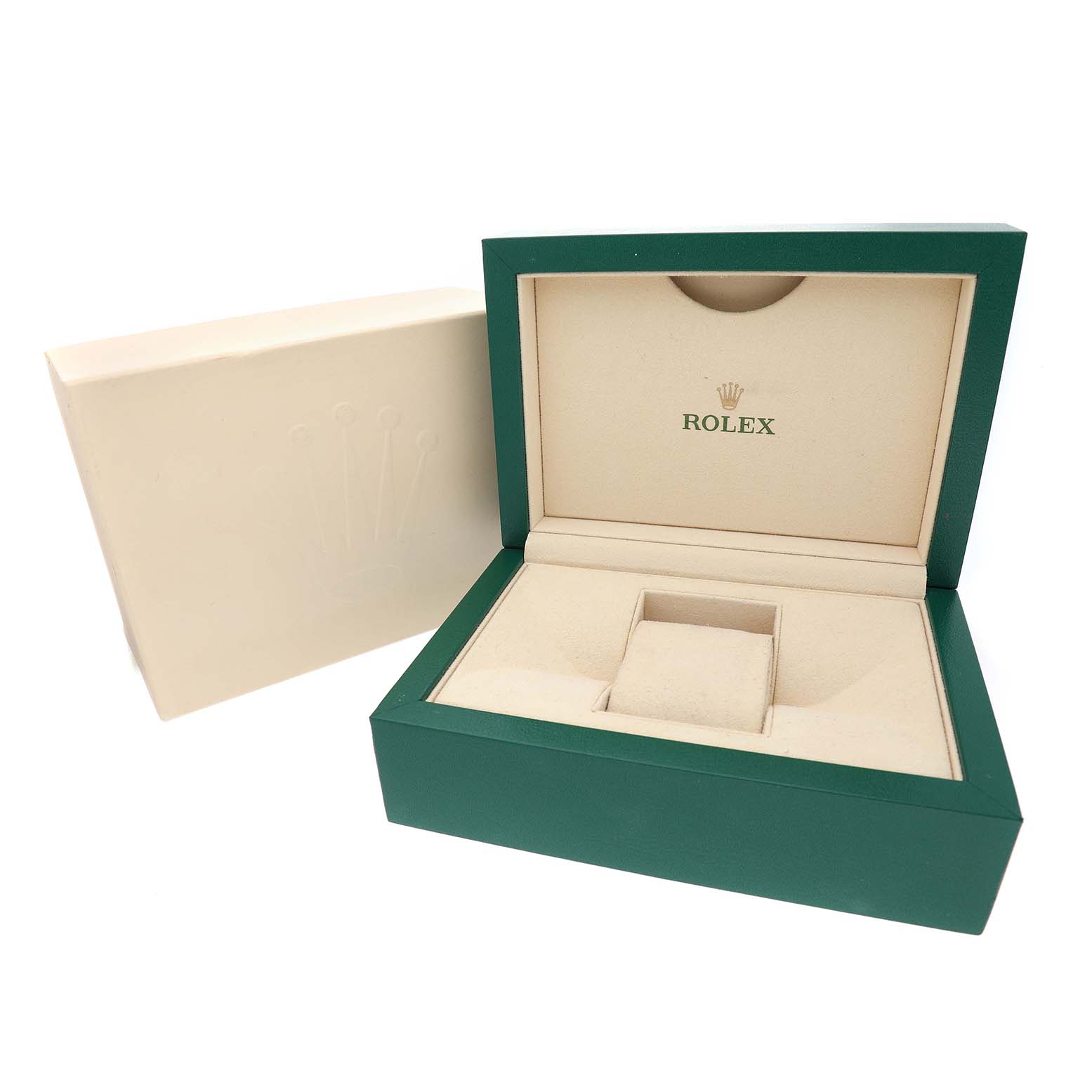 The image shows an open Rolex box for the Submariner model, featuring a green exterior and beige interior.