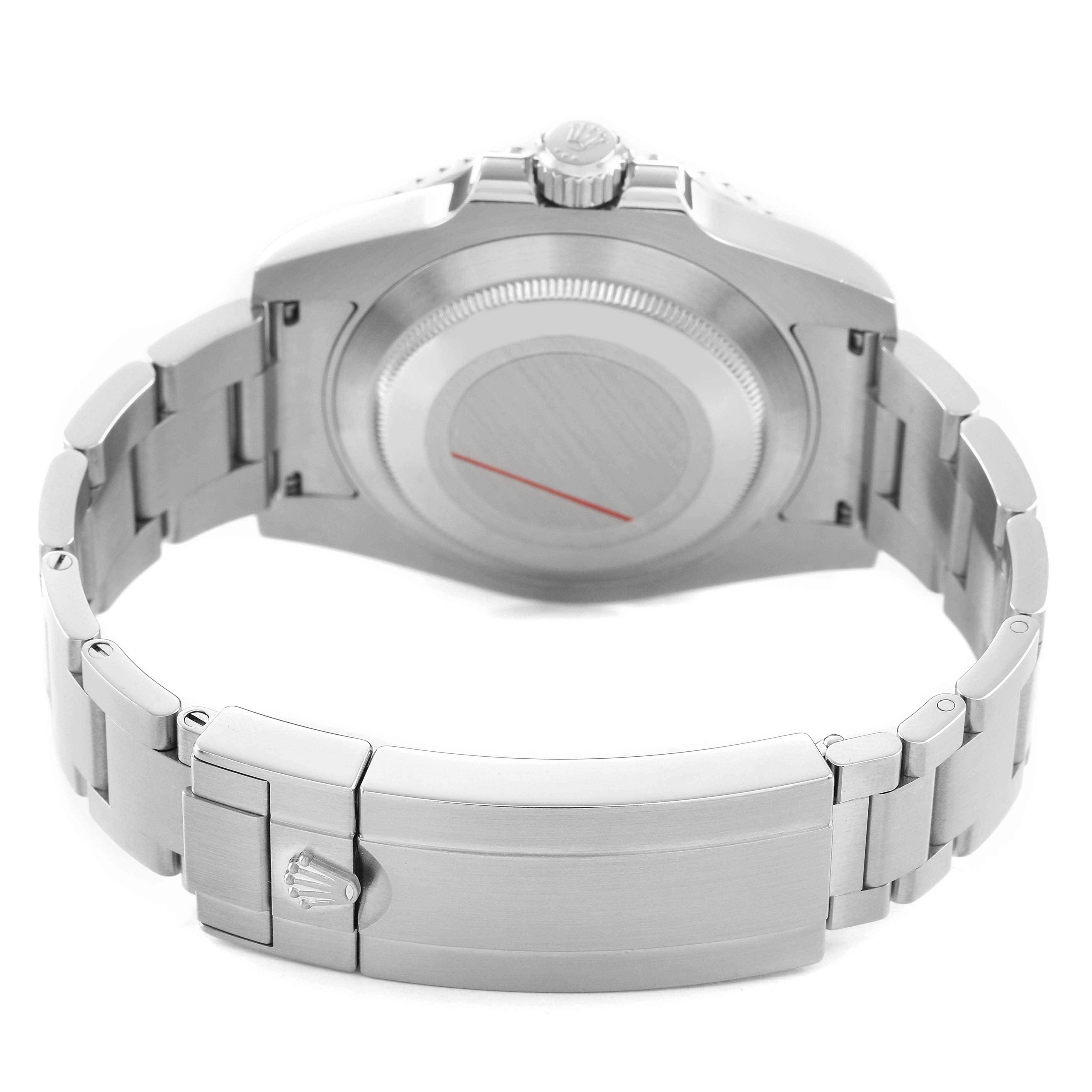 The image shows the back and clasp of a Rolex Submariner 116610 Men's Stainless Steel Black Dial watch, highlighting the bracelet and case back.