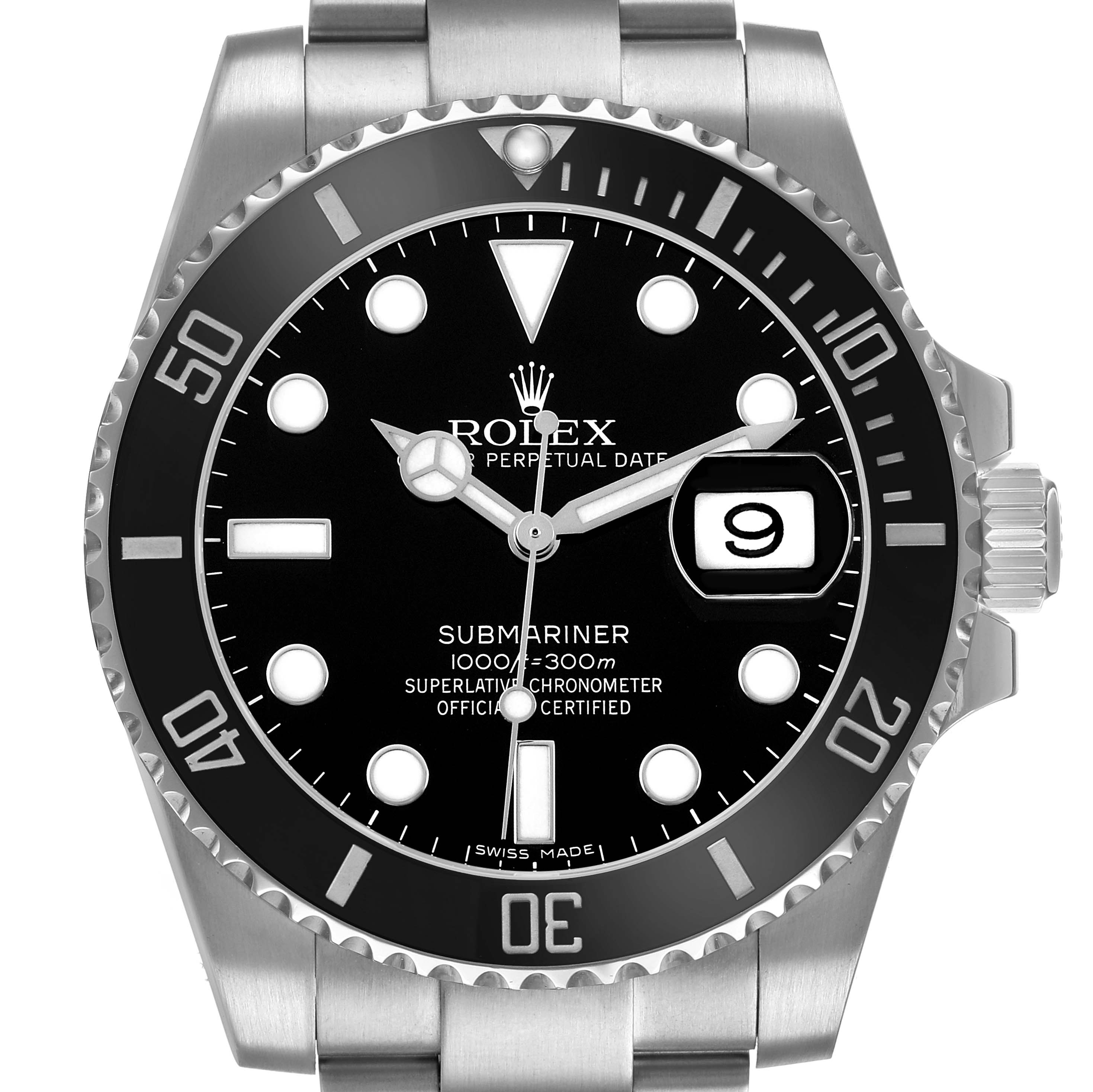 The Rolex Submariner 116610 Men's Stainless Steel Black Dial watch is shown from the front, highlighting the dial, bezel, and bracelet.