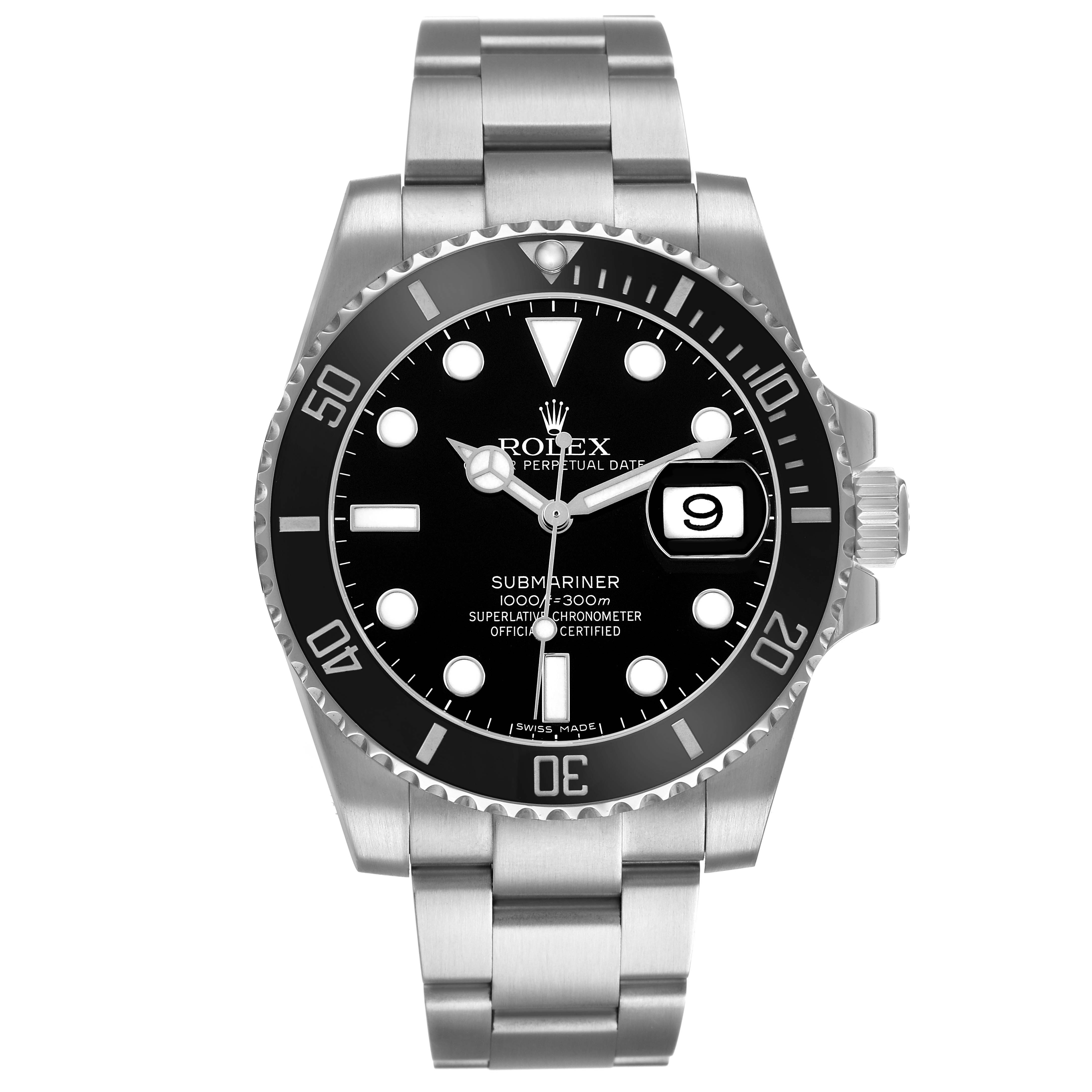 The Rolex Submariner 116610 Men's Stainless Steel Black Dial watch is shown from a front angle, displaying the dial, bezel, crown, and bracelet.