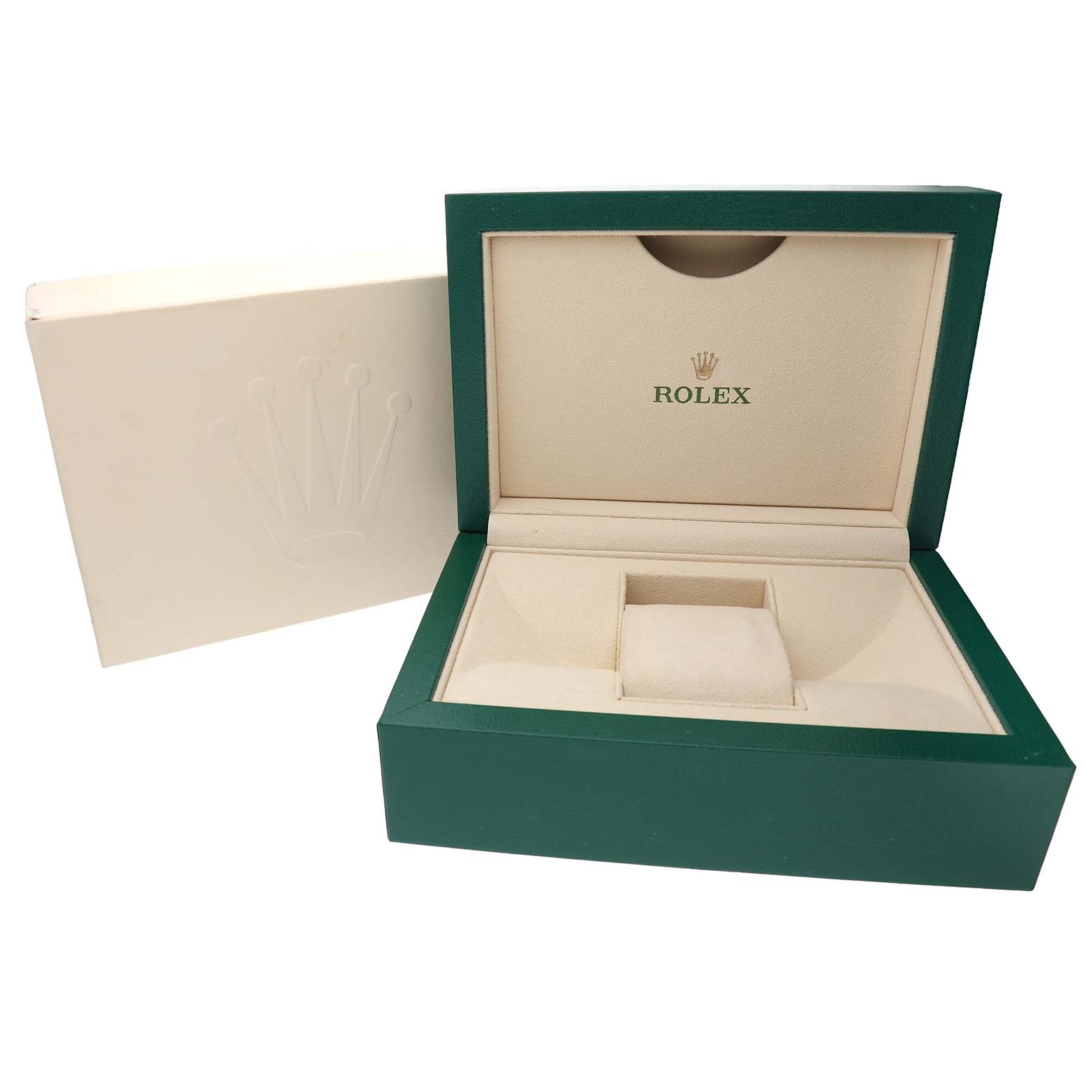 The image shows an open green and beige Rolex Submariner 116610 Men's Stainless Steel Black Dial watch box, viewed from the front.