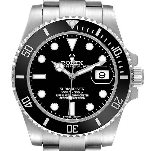 The Rolex Submariner 116610 Men's Stainless Steel Black Dial watch is shown from the front, displaying the dial, bezel, bracelet, and crown.