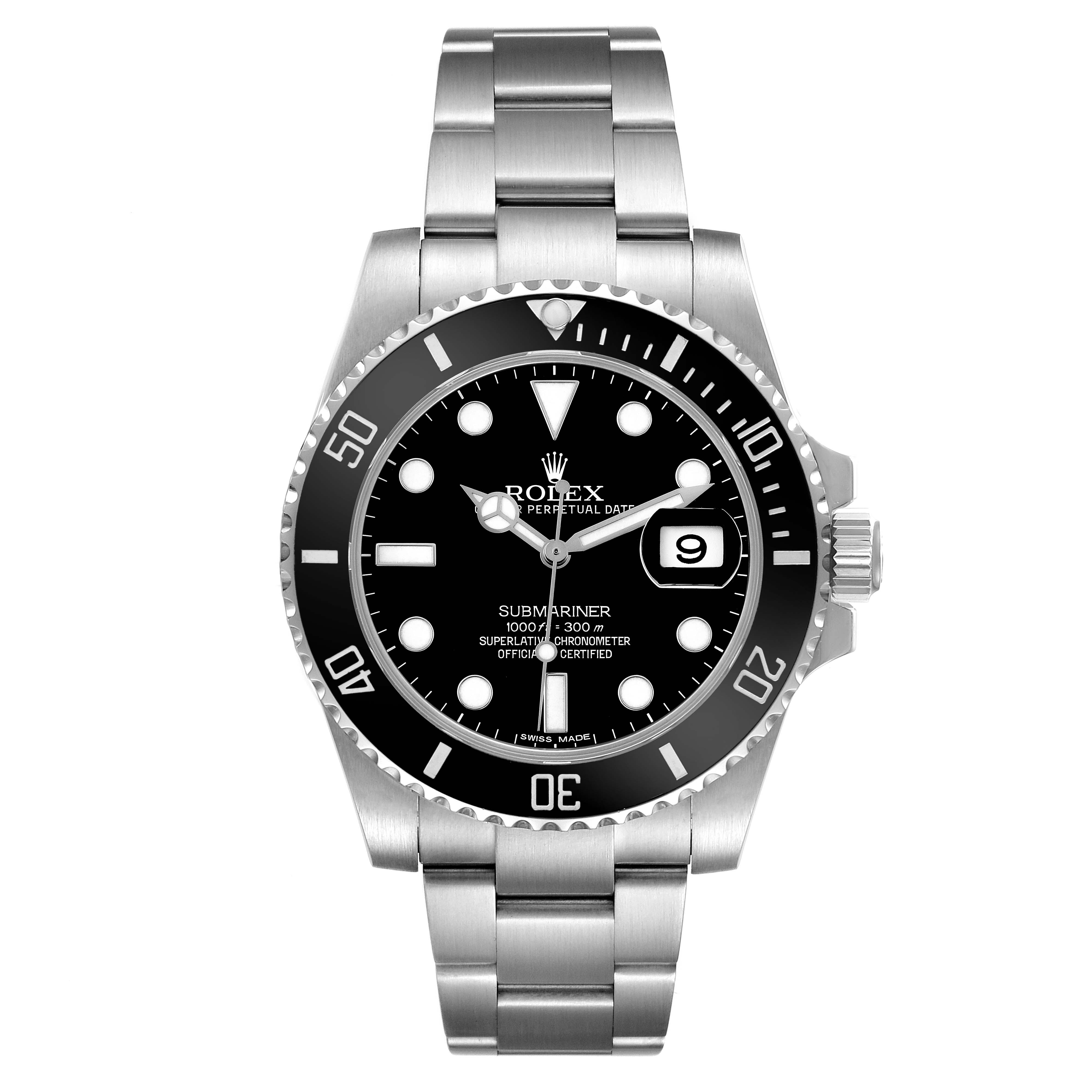 The Rolex Submariner 116610 Men's Stainless Steel Black Dial watch is shown from a front angle, displaying the face, bezel, crown, and bracelet.
