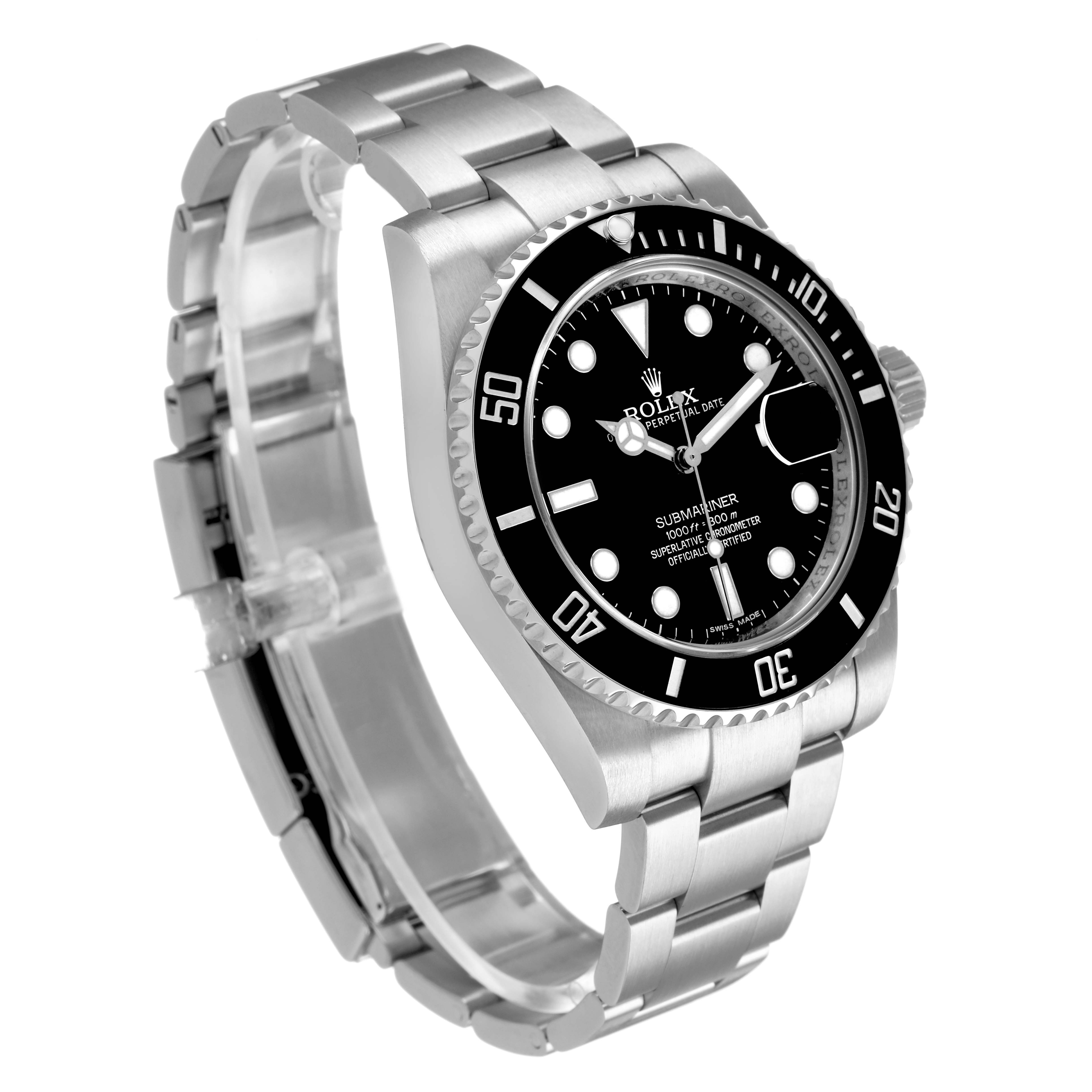 The Rolex Submariner 116610 Men's Stainless Steel Black Dial is shown at a three-quarter angle, displaying the face, bezel, bracelet, and side profile.