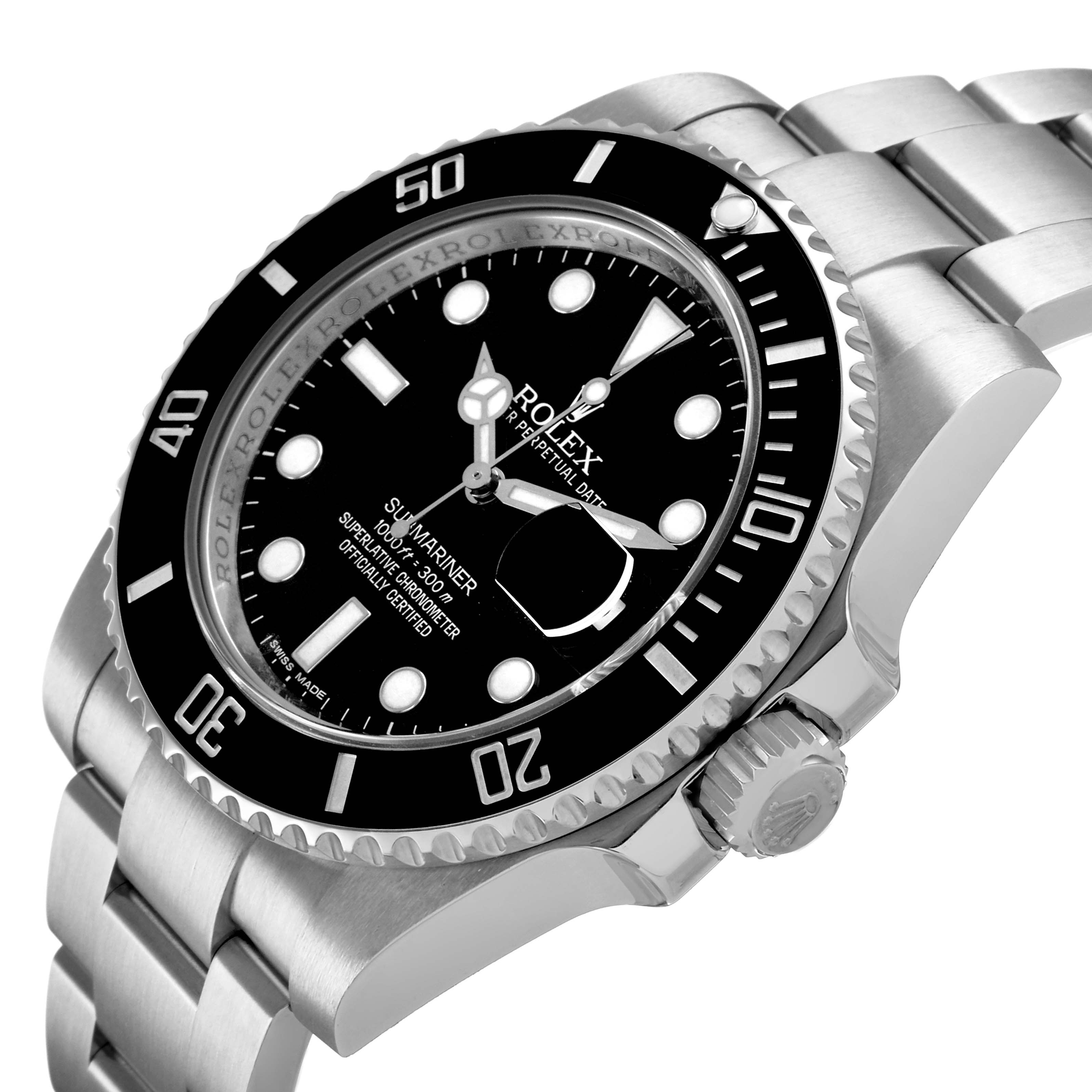 The Rolex Submariner 116610 Men's Stainless Steel Black Dial watch is shown at an oblique top angle, displaying the face, bezel, crown, and part of the bracelet.