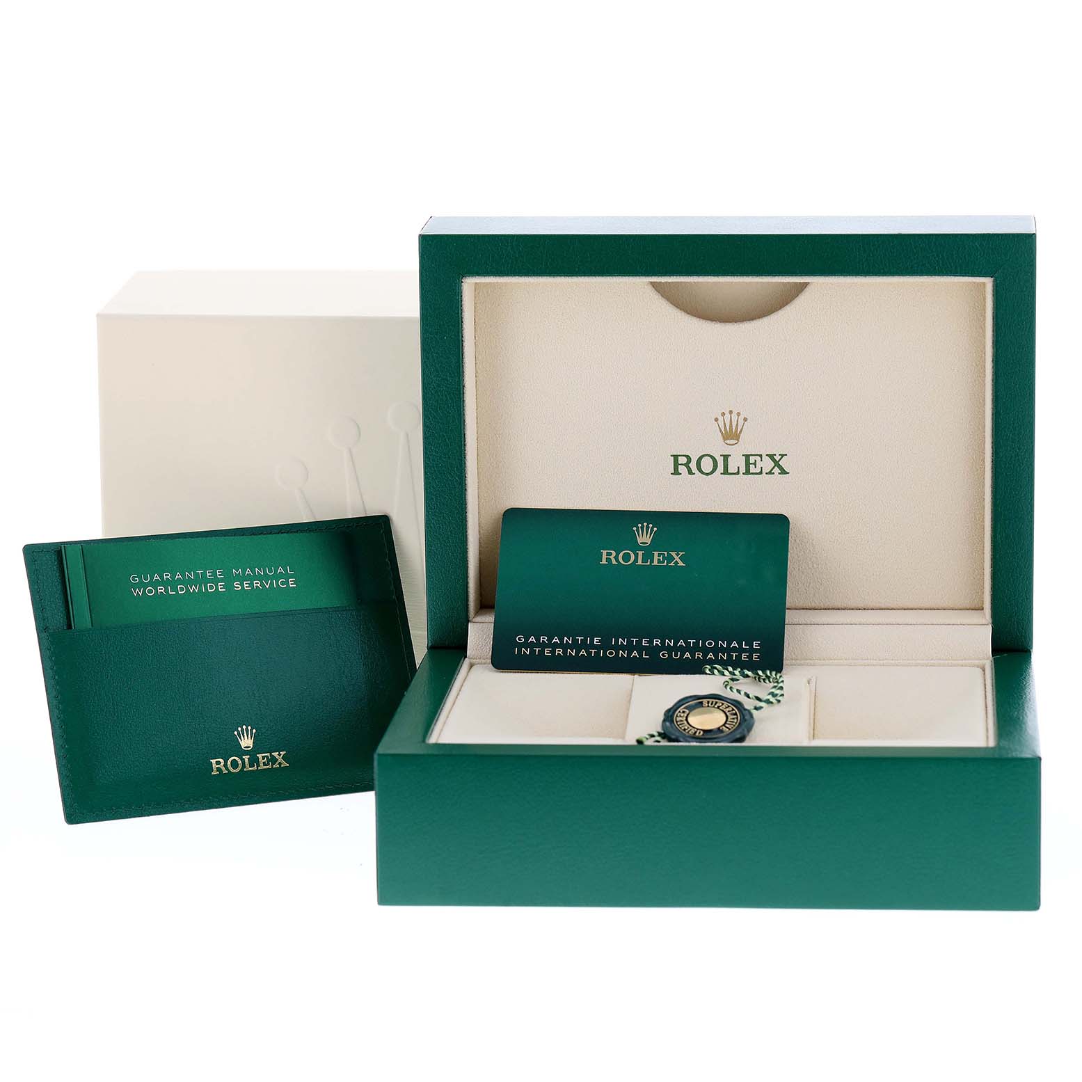 The image shows a Rolex Submariner 126610LV Men
s Stainless Steel Black Dial 126610LV Men
s Stainless Steel Black Dial watch box, guarantee manual, international guarantee card, and tag.