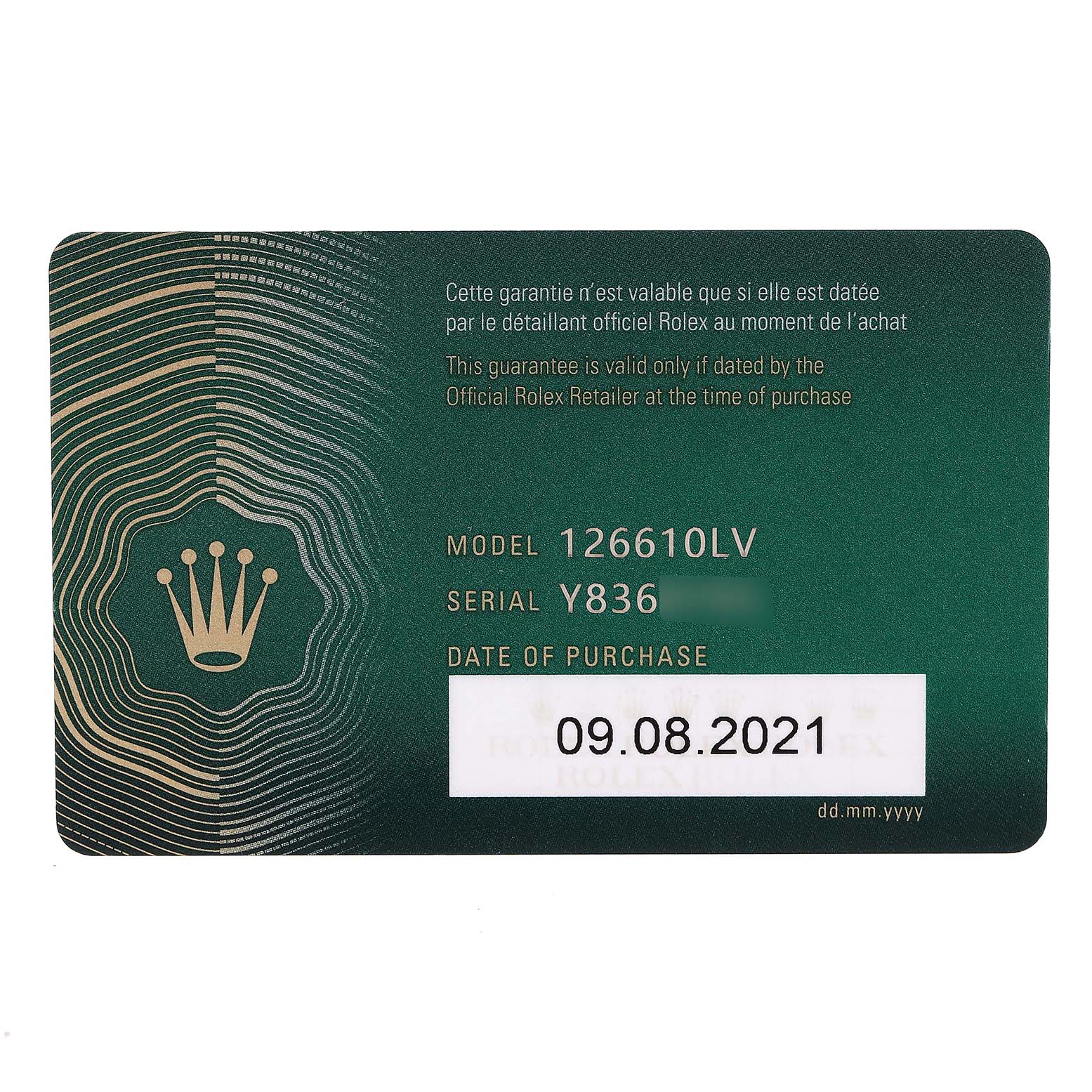 This image shows a Rolex warranty card for the Submariner model 126610LV, with serial number and purchase date (09.08.2021).