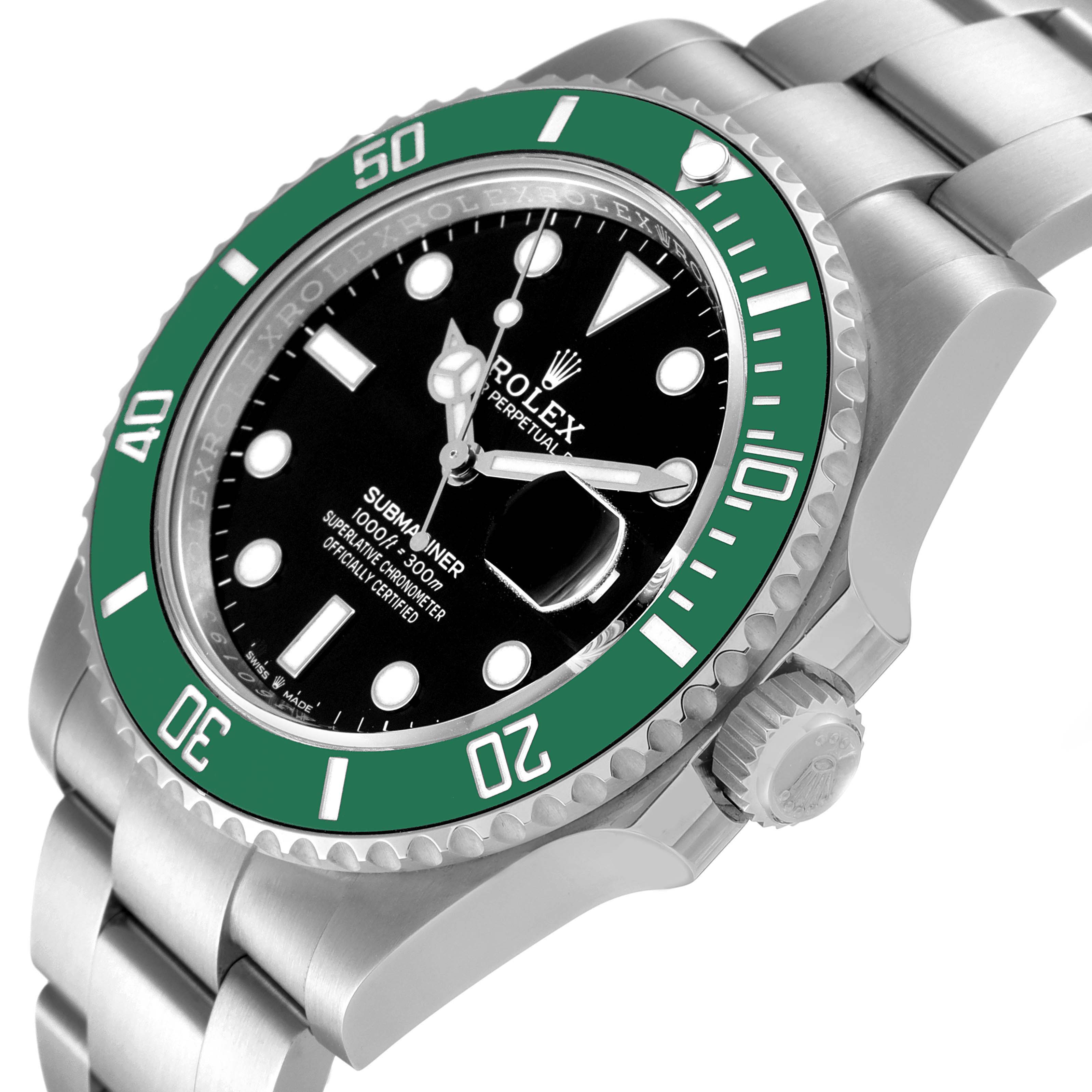 This image shows a Rolex Submariner 126610LV Men
s Stainless Steel Black Dial 126610LV Men
s Stainless Steel Black Dial watch at an angled close-up, highlighting the green bezel, black dial, and stainless steel bracelet.