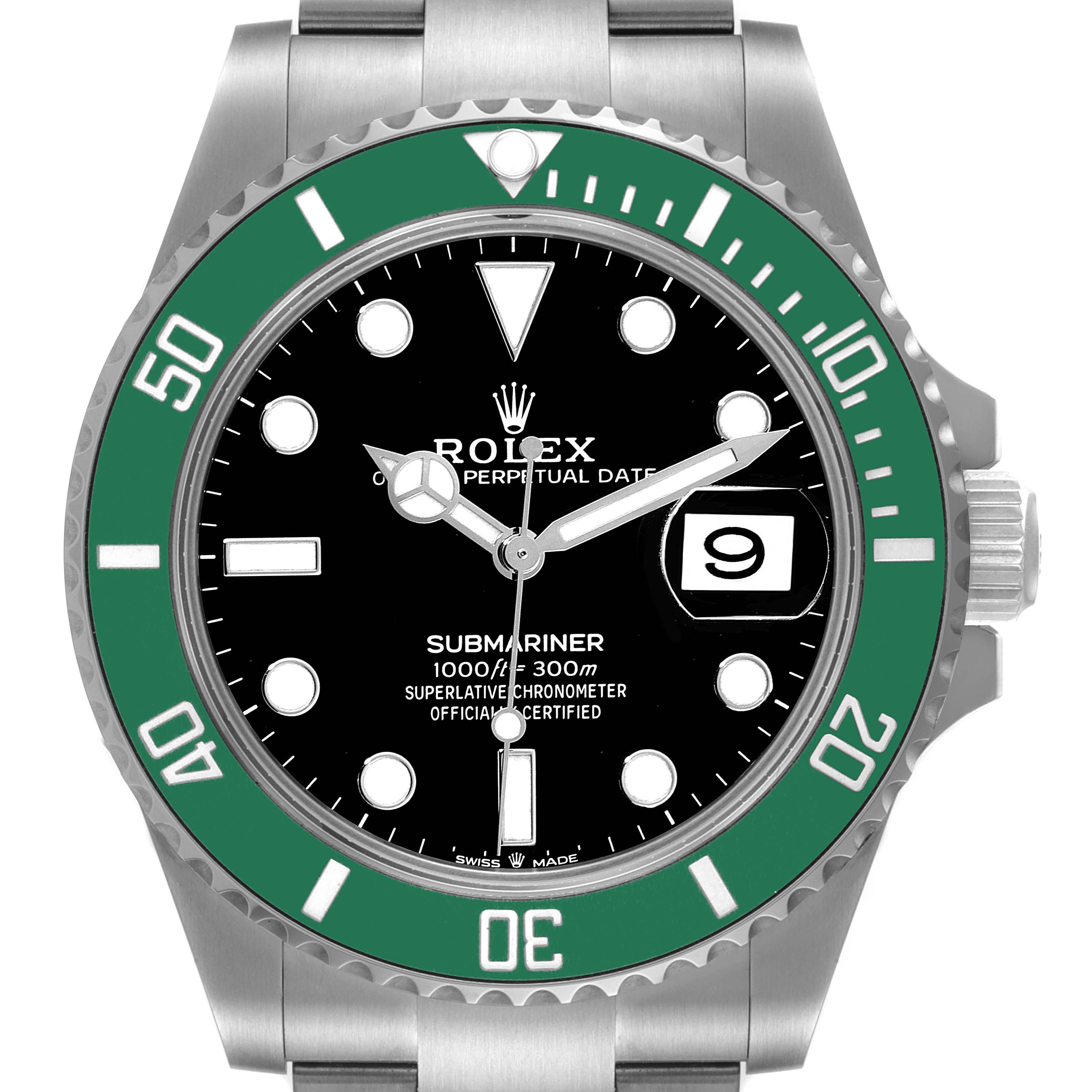 This image shows a front view of a Rolex Submariner 126610LV Men
s Stainless Steel Black Dial 126610LV Men
s Stainless Steel Black Dial watch, highlighting its green bezel, black dial, and date window.