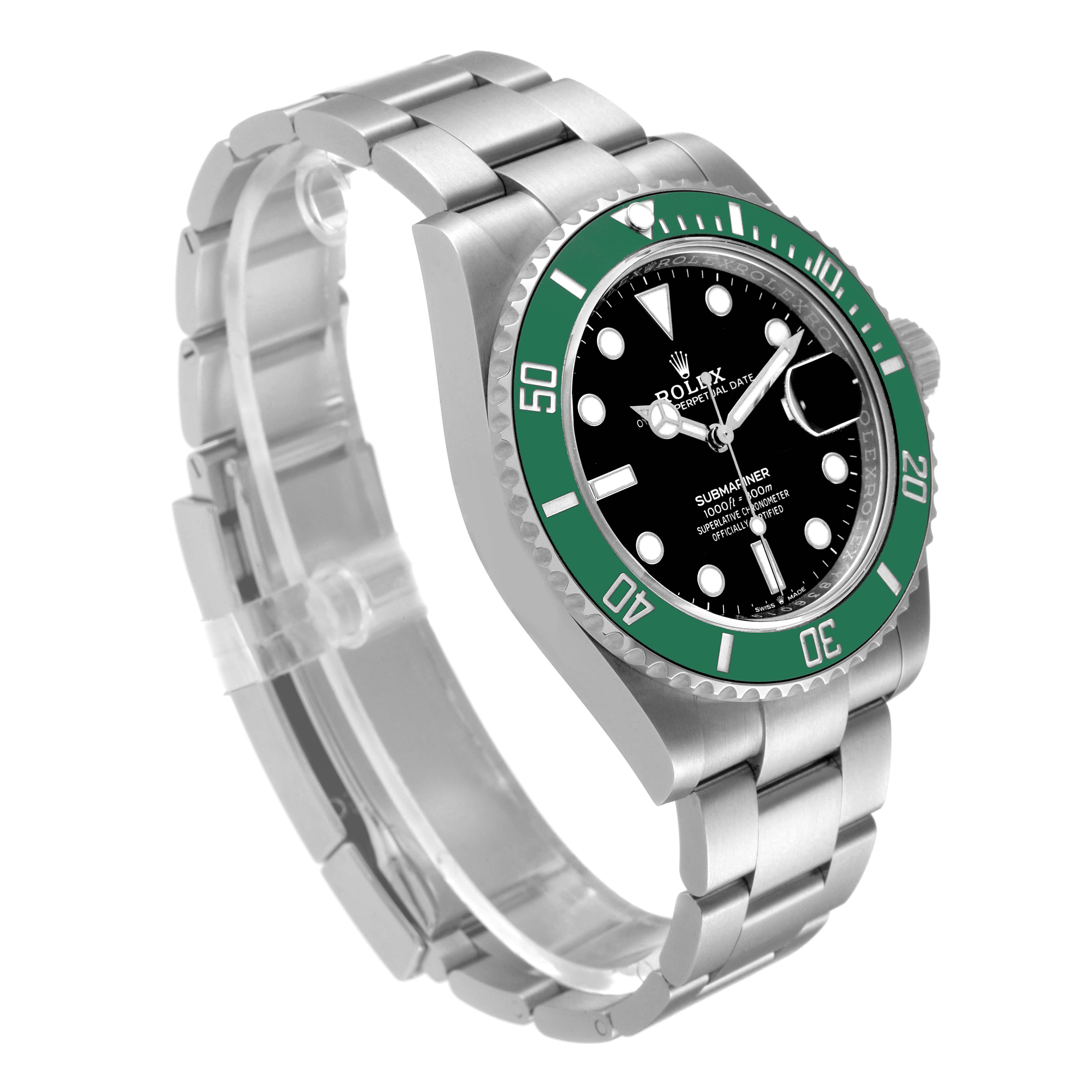 The Rolex Submariner 126610LV Men
s Stainless Steel Black Dial 126610LV Men
s Stainless Steel Black Dial watch is shown at an angled view, highlighting the dial, bezel, and part of the bracelet.