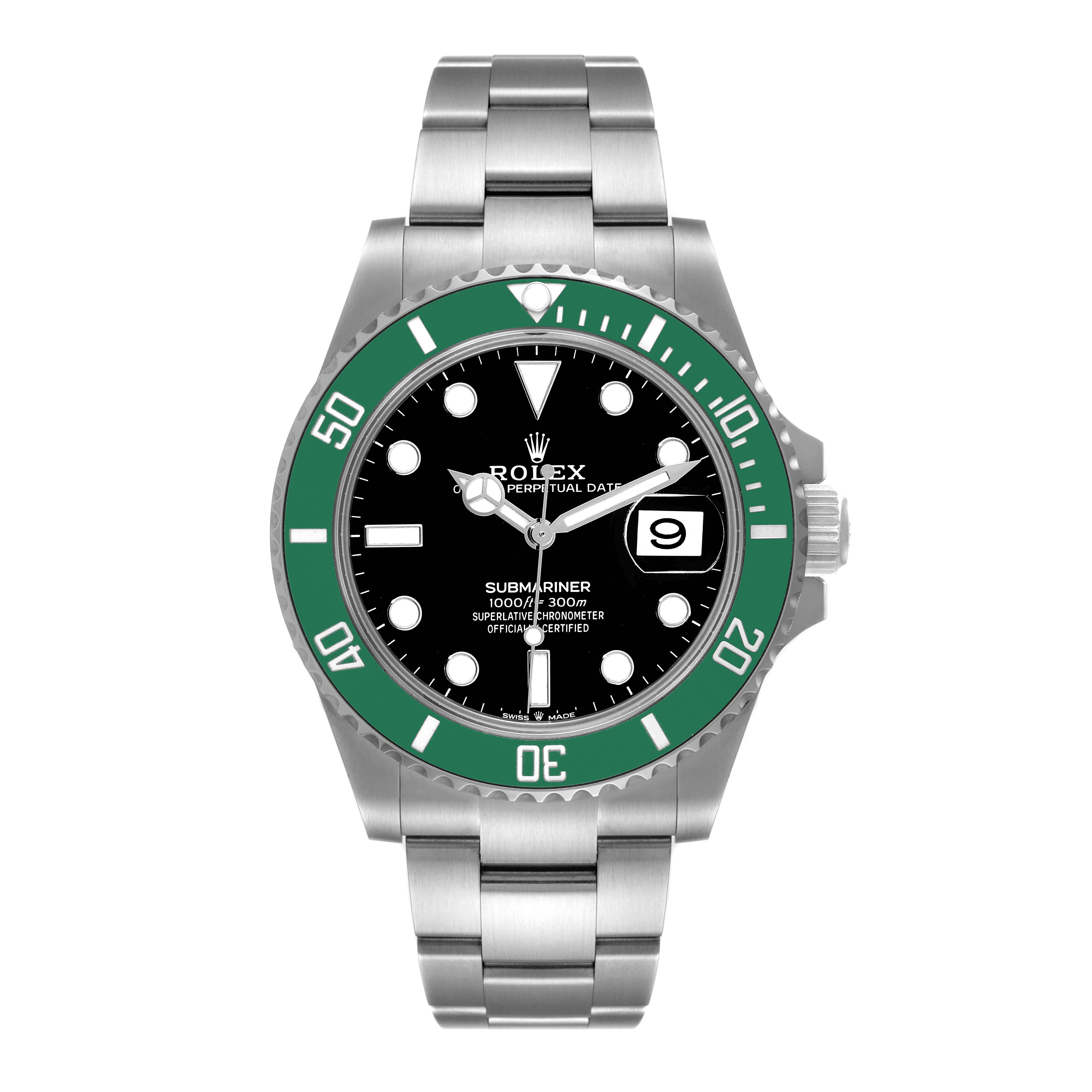 The image shows a front view of a Rolex Submariner 126610LV Men
s Stainless Steel Black Dial 126610LV Men
s Stainless Steel Black Dial watch with a stainless steel bracelet and a green bezel.
