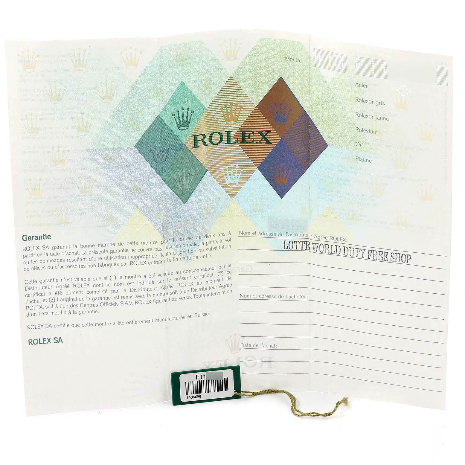 The image shows an unfolded warranty card and certification booklet for a Rolex Submariner 14060M Men
s Stainless Steel Black Dial 14060M Men
s Stainless Steel Black Dial watch.