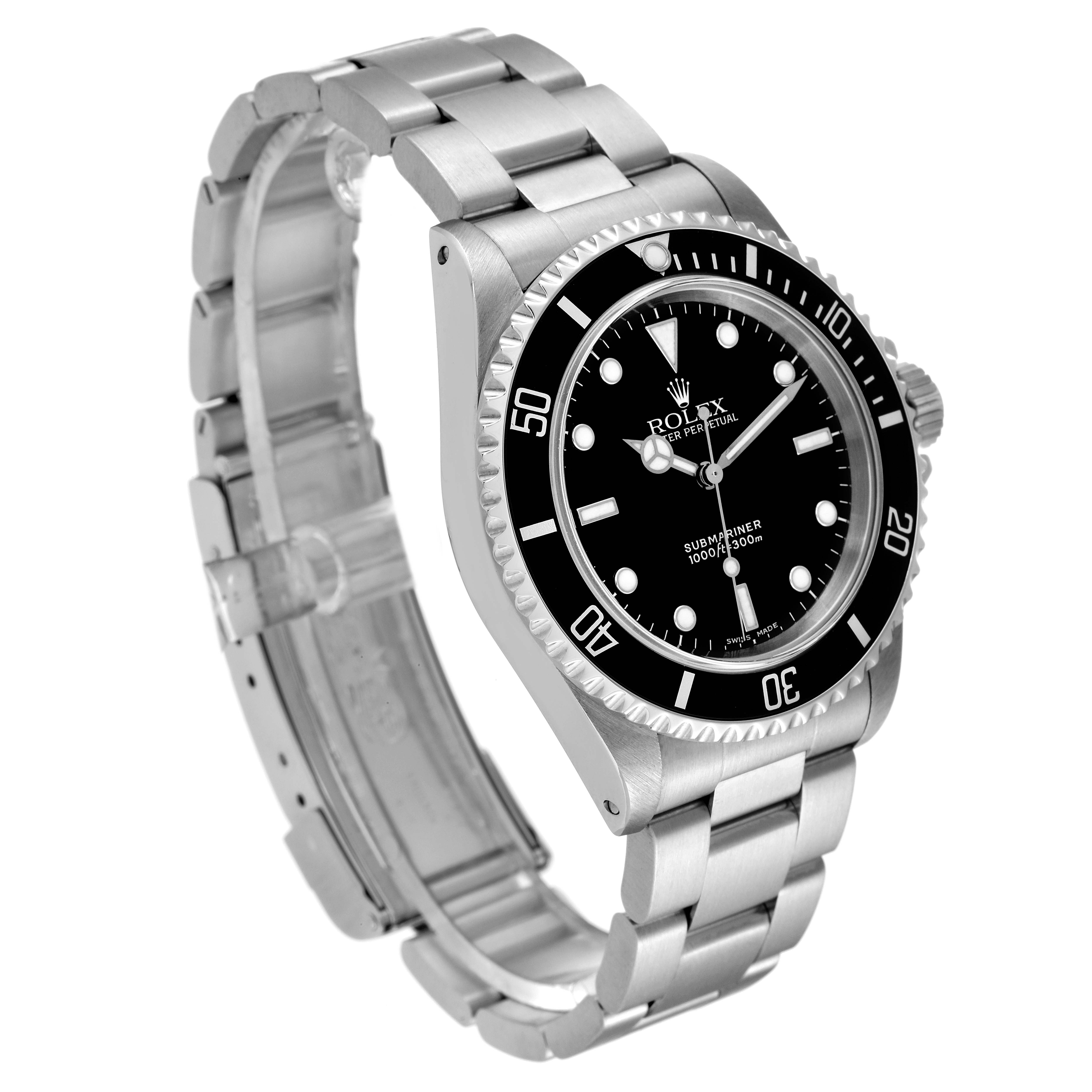 The image shows the Rolex Submariner 14060M Men
s Stainless Steel Black Dial 14060M Men
s Stainless Steel Black Dial watch from a three-quarter angle, displaying its dial, bracelet, and bezel.
