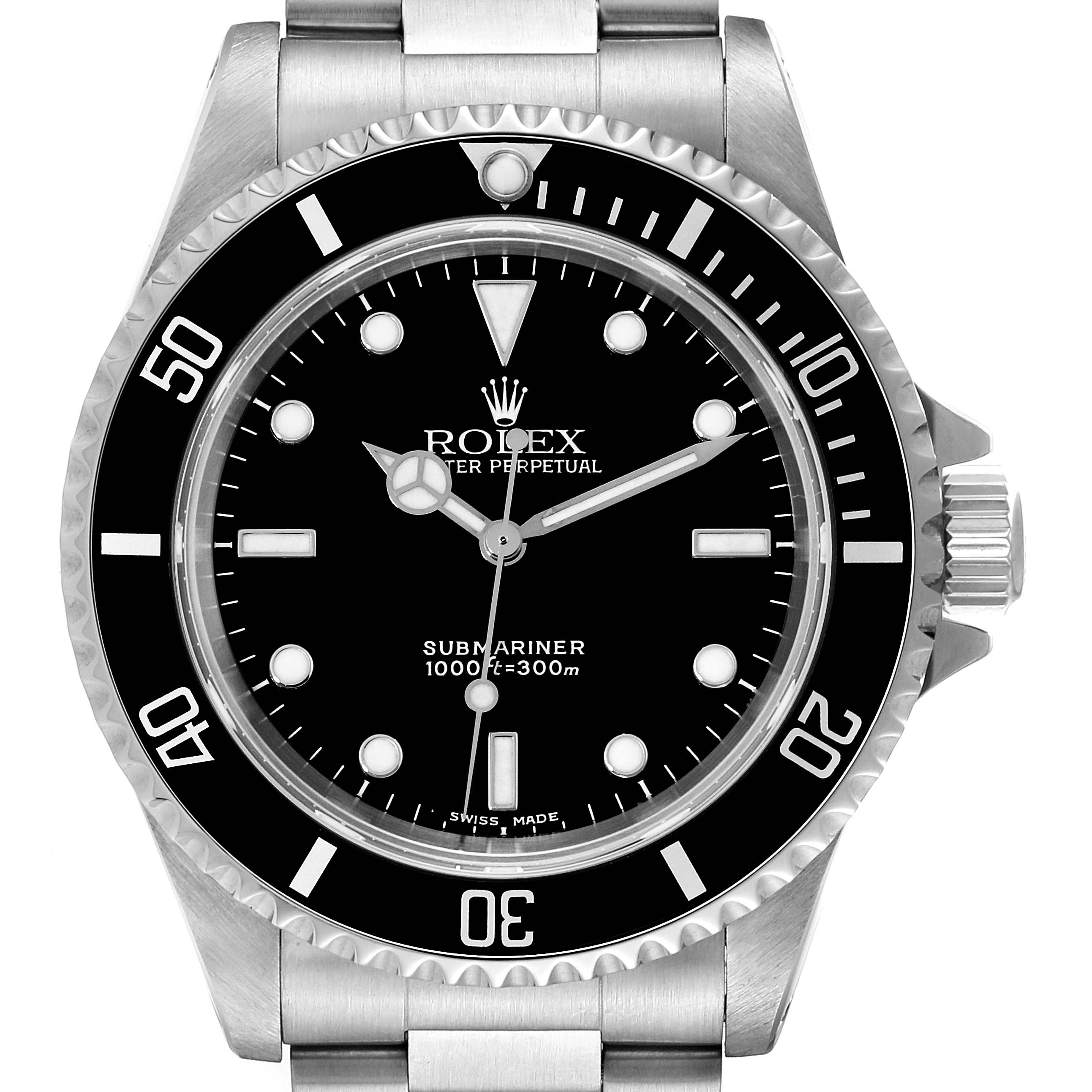 This image shows a front view of the Rolex Submariner 14060M Men
s Stainless Steel Black Dial 14060M Men
s Stainless Steel Black Dial watch, highlighting the dial, bezel, and bracelet.