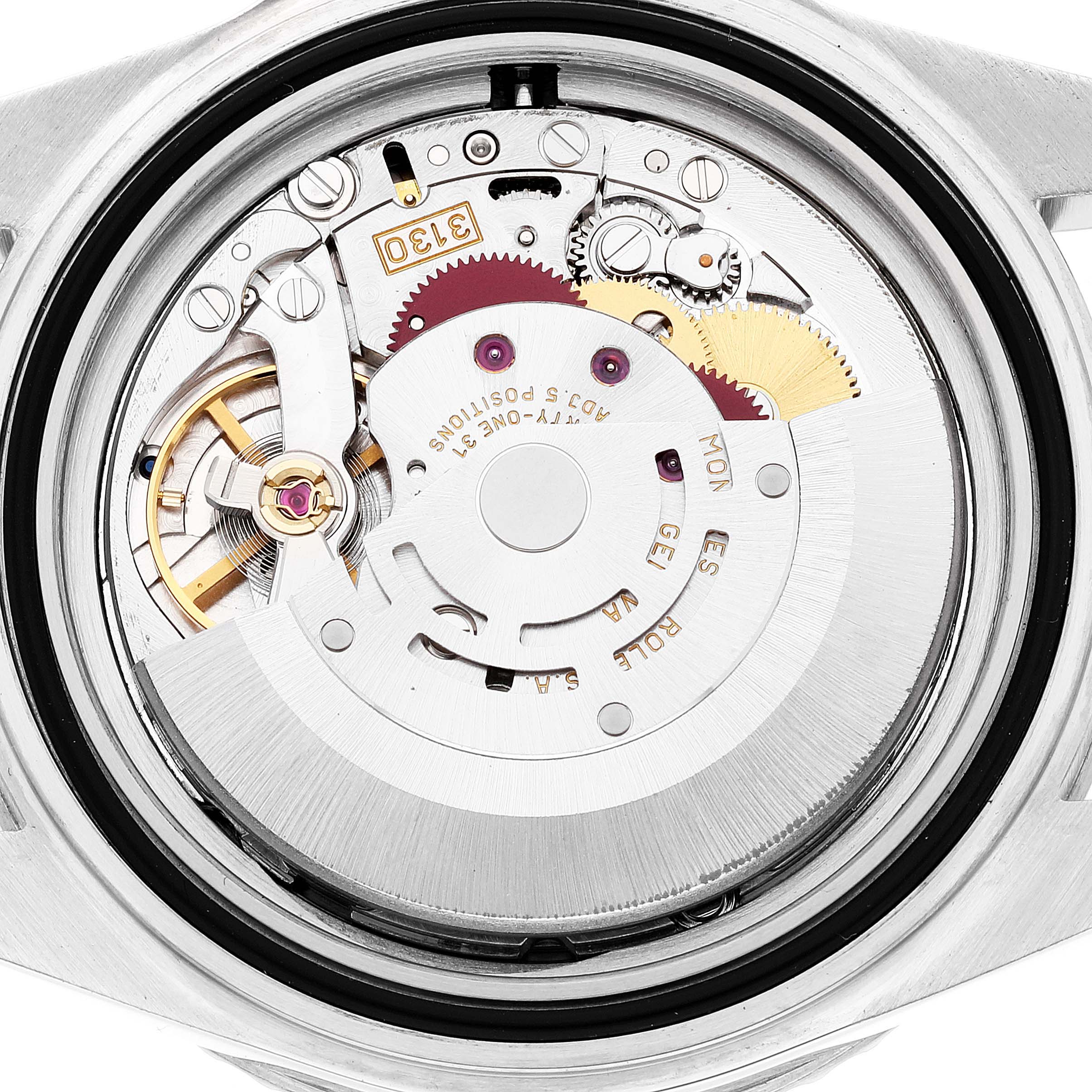 This image shows the inner workings (movement) of a Rolex Submariner 14060M Men
s Stainless Steel Black Dial 14060M Men
s Stainless Steel Black Dial watch viewed from the back case.