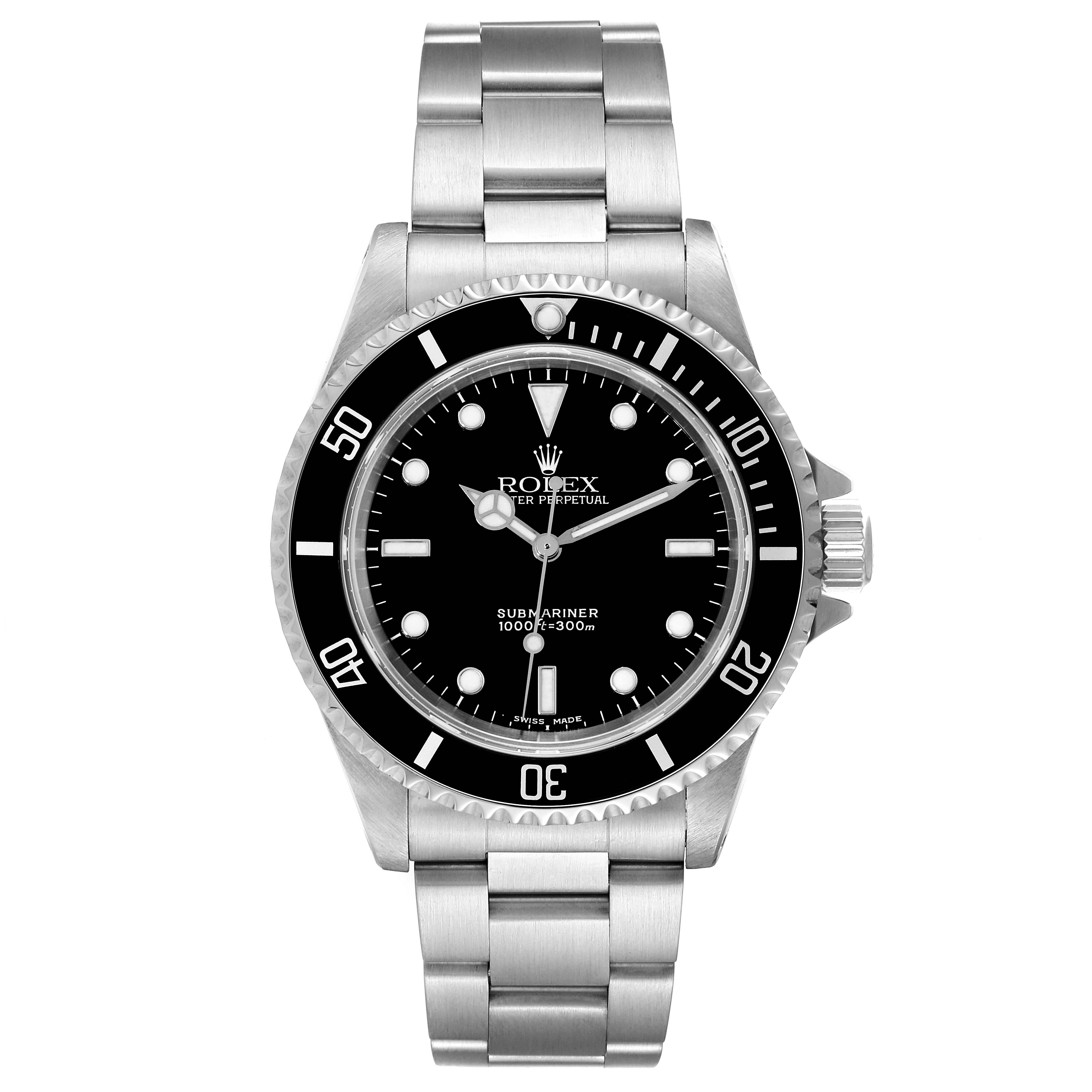 The image shows a front view of a Rolex Submariner 14060M Men
s Stainless Steel Black Dial 14060M Men
s Stainless Steel Black Dial watch, highlighting its dial, bezel, and stainless steel bracelet.