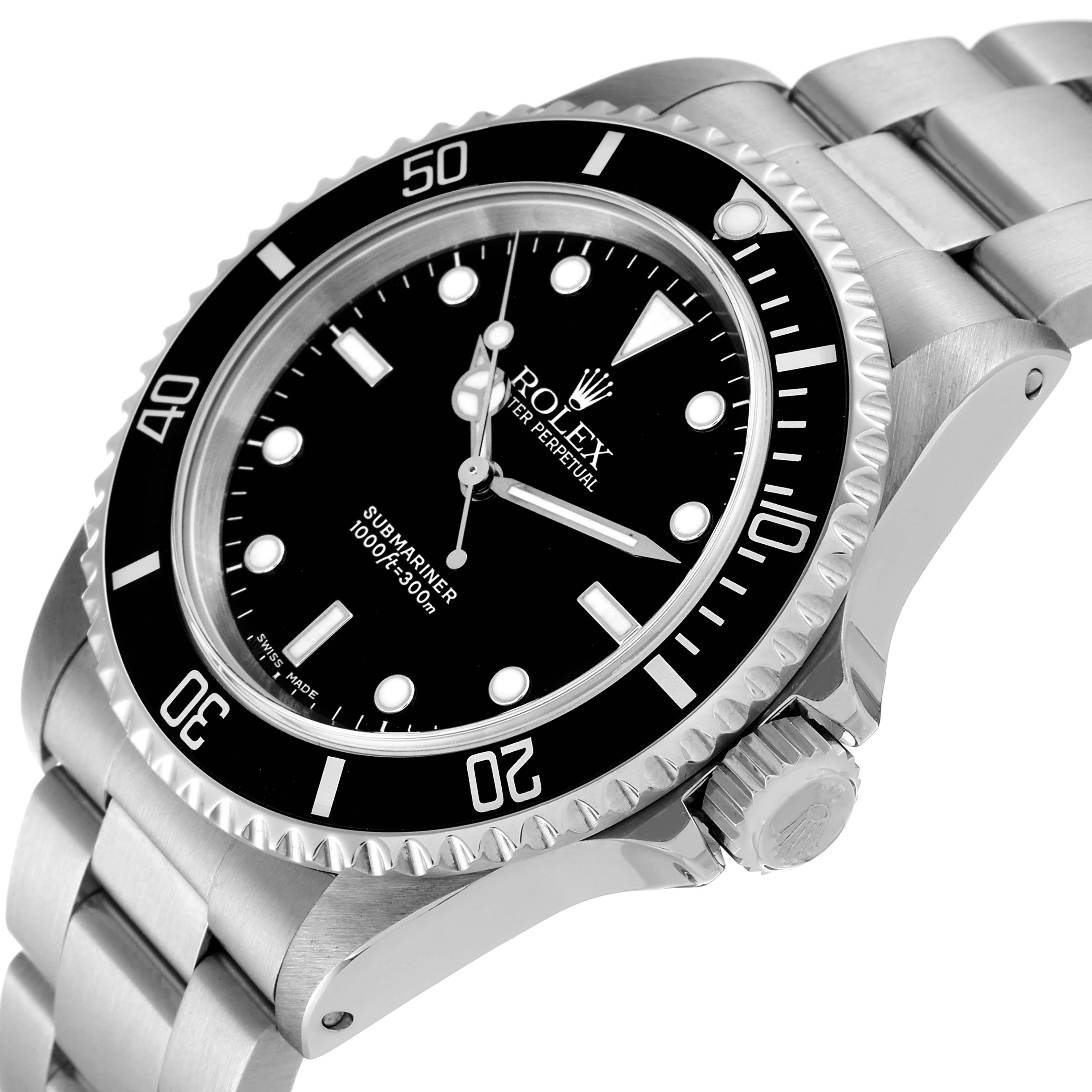 This image shows a Rolex Submariner 14060M Men
s Stainless Steel Black Dial 14060M Men
s Stainless Steel Black Dial watch at an oblique angle, featuring the dial, bezel, crown, and part of the bracelet.