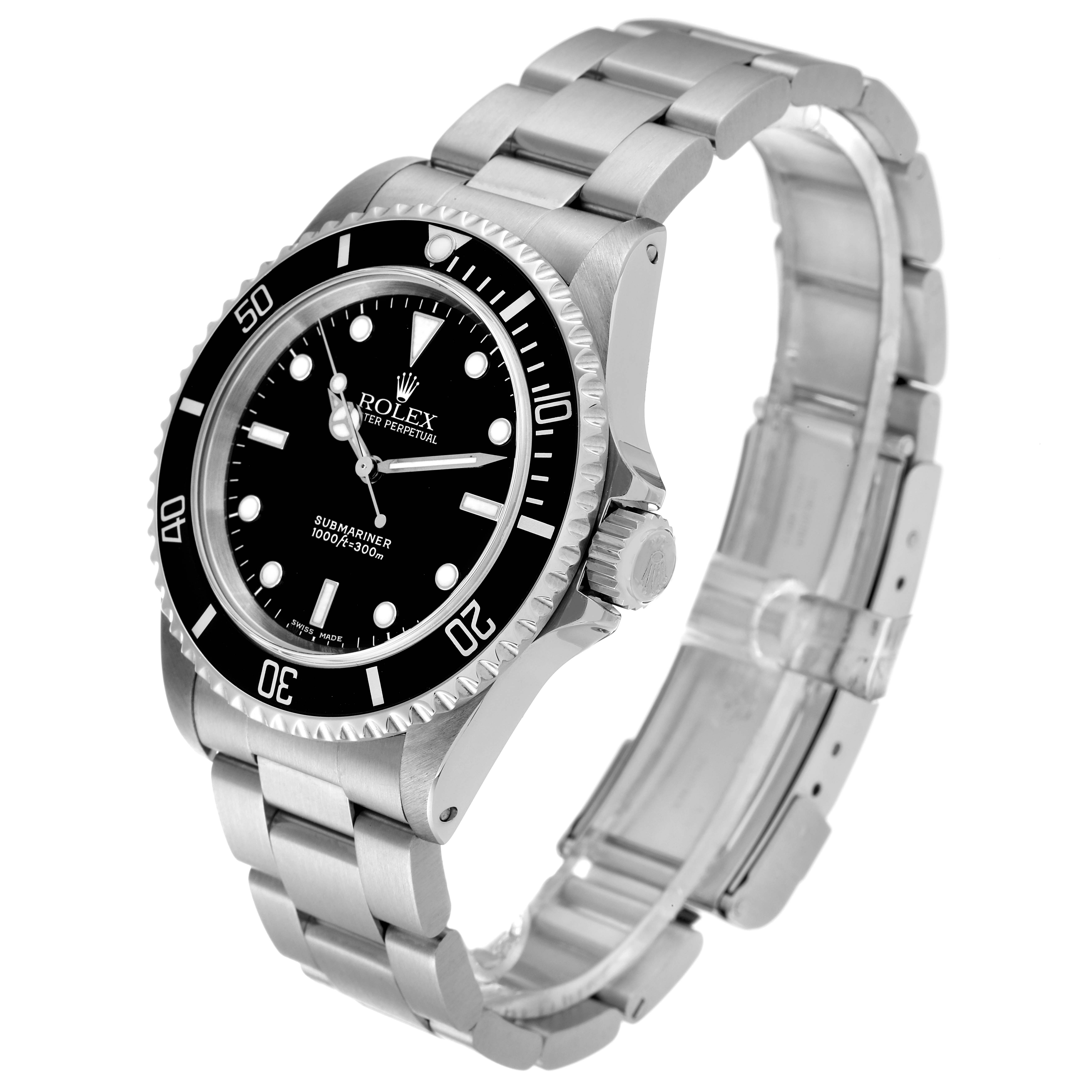 The Rolex Submariner 14060M Men
s Stainless Steel Black Dial 14060M Men
s Stainless Steel Black Dial watch is shown at a three-quarter angle, displaying the face, bezel, crown, and bracelet.