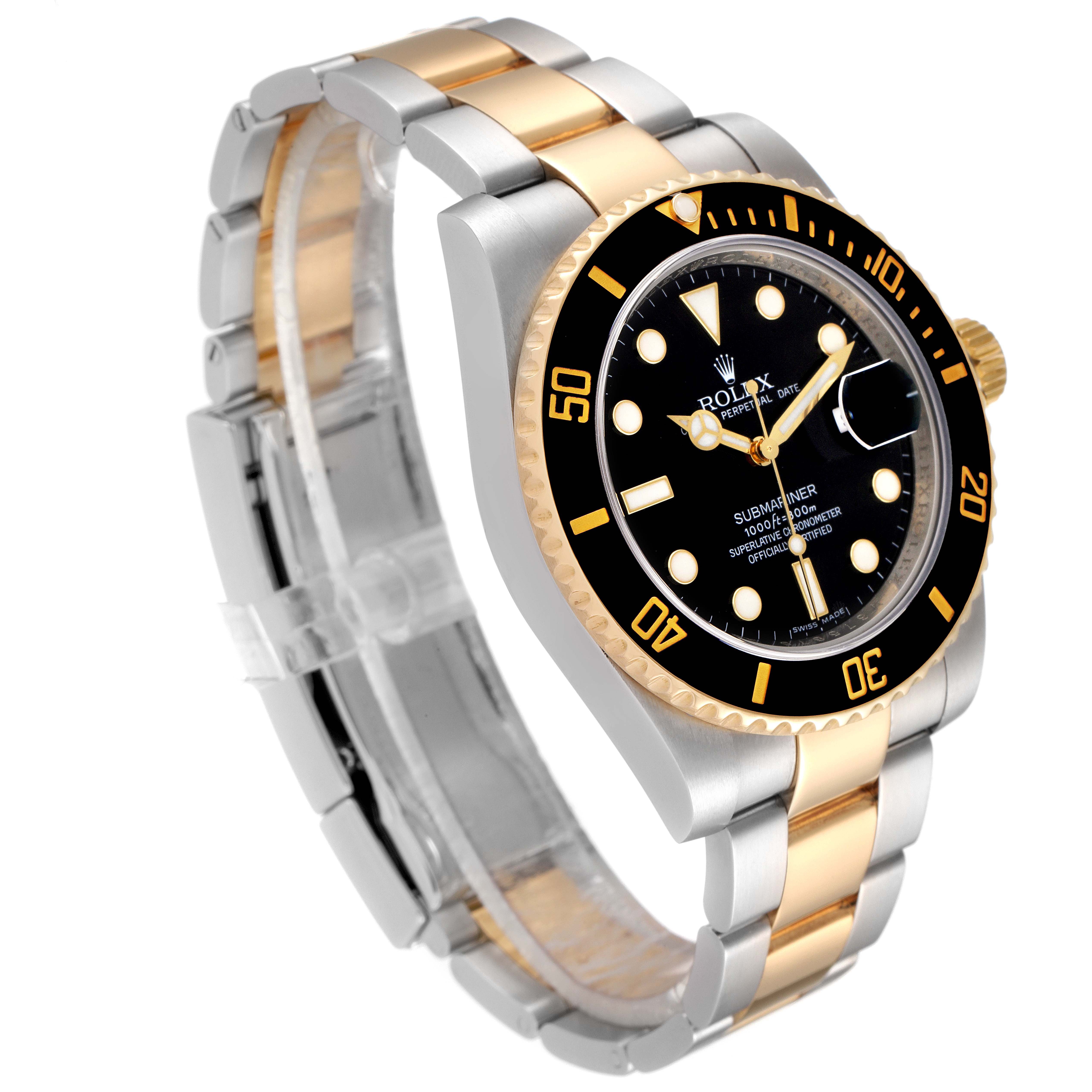 This Rolex Submariner 116613 Men's Steel and Gold (two tone) Black Dial 116613 Men's Steel and Gold (two tone) Black Dial watch is shown at a front-left angle, highlighting its black dial, gold and stainless steel bracelet, and bezel.