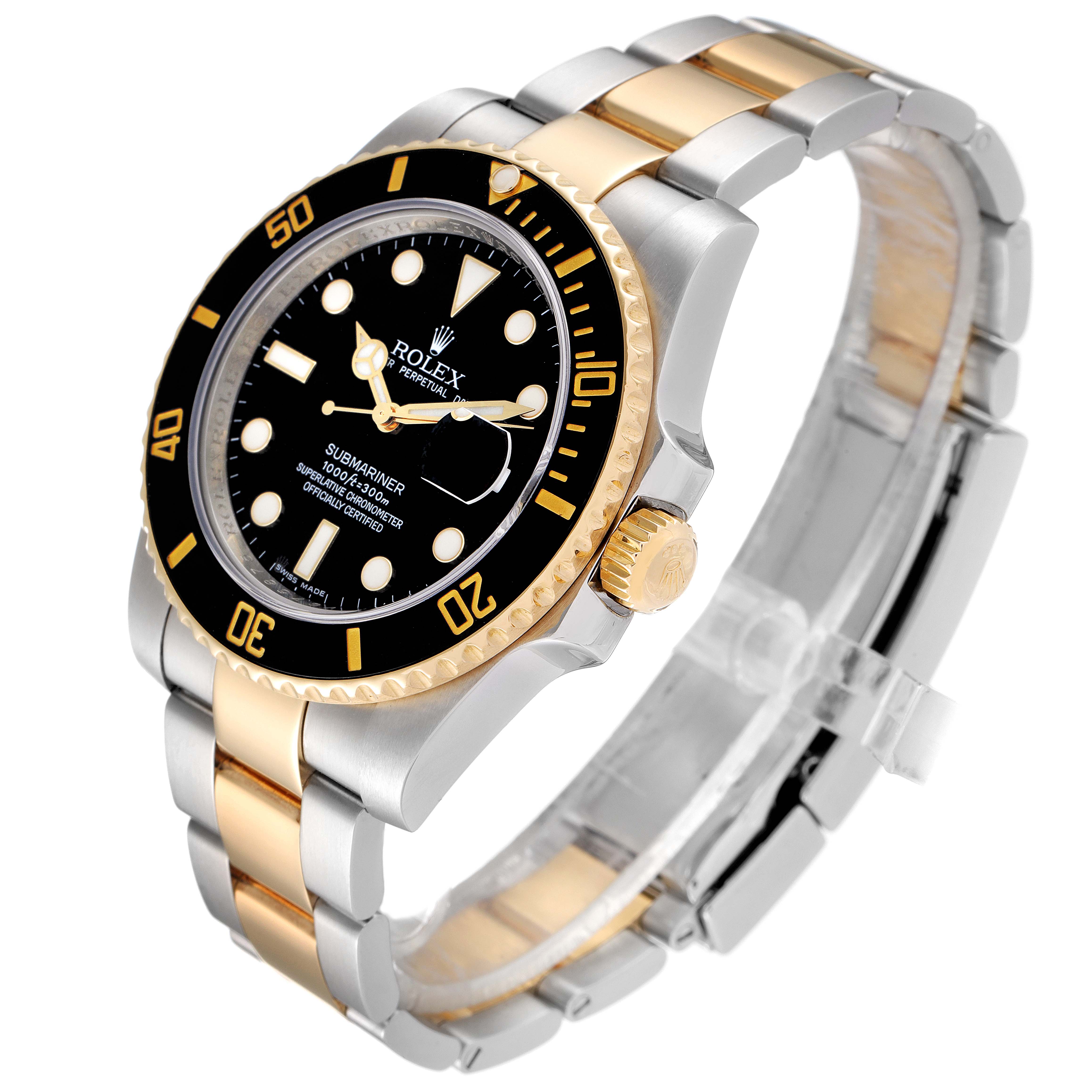 The image shows a Rolex Submariner 116613 Men's Steel and Gold (two tone) Black Dial 116613 Men's Steel and Gold (two tone) Black Dial watch at a slight angle, showcasing its dial, bezel, and two-tone metal bracelet.