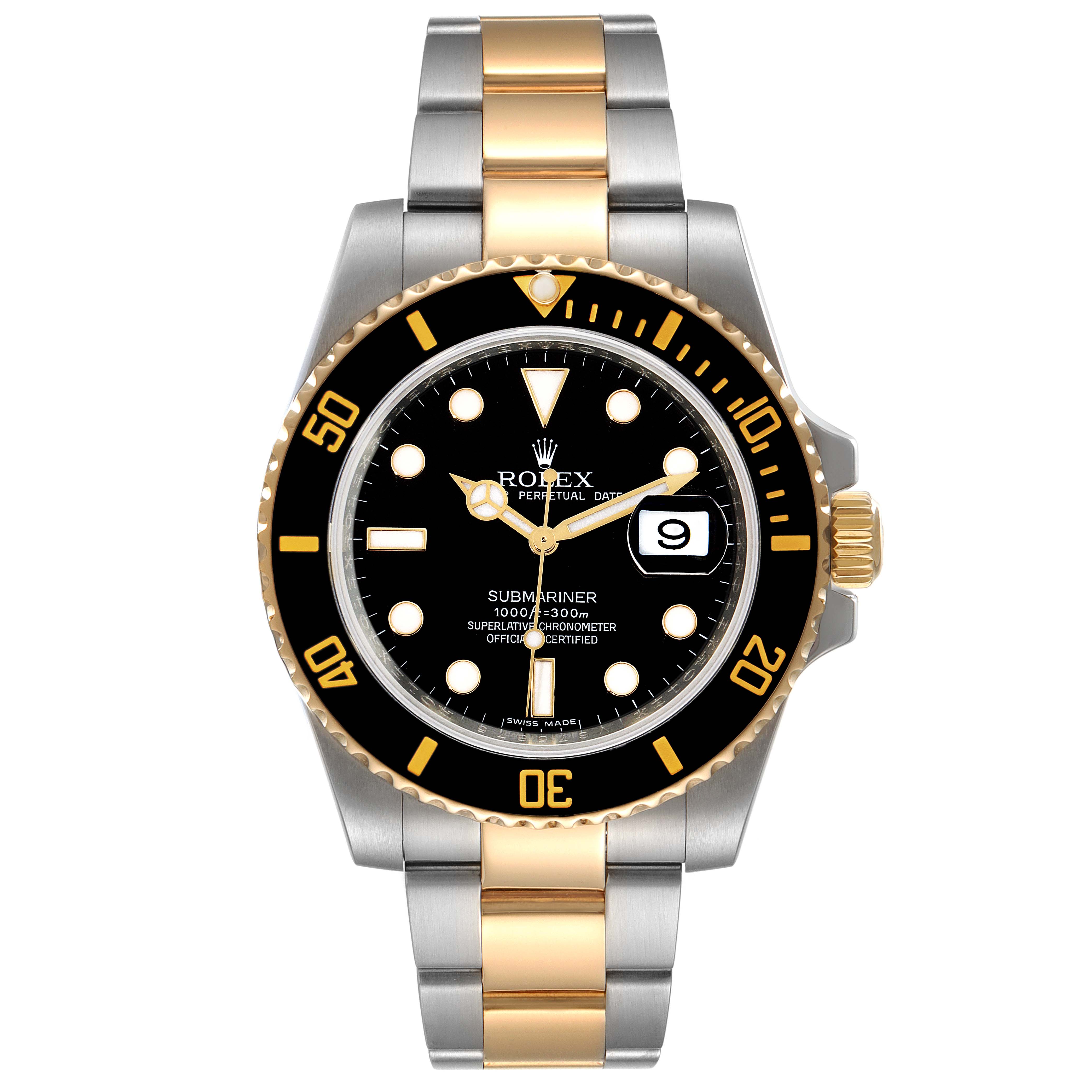 The watch is a Rolex Submariner 116613 Men's Steel and Gold (two tone) Black Dial 116613 Men's Steel and Gold (two tone) Black Dial, shown from the front, displaying its face, bezel, crown, and metal bracelet.