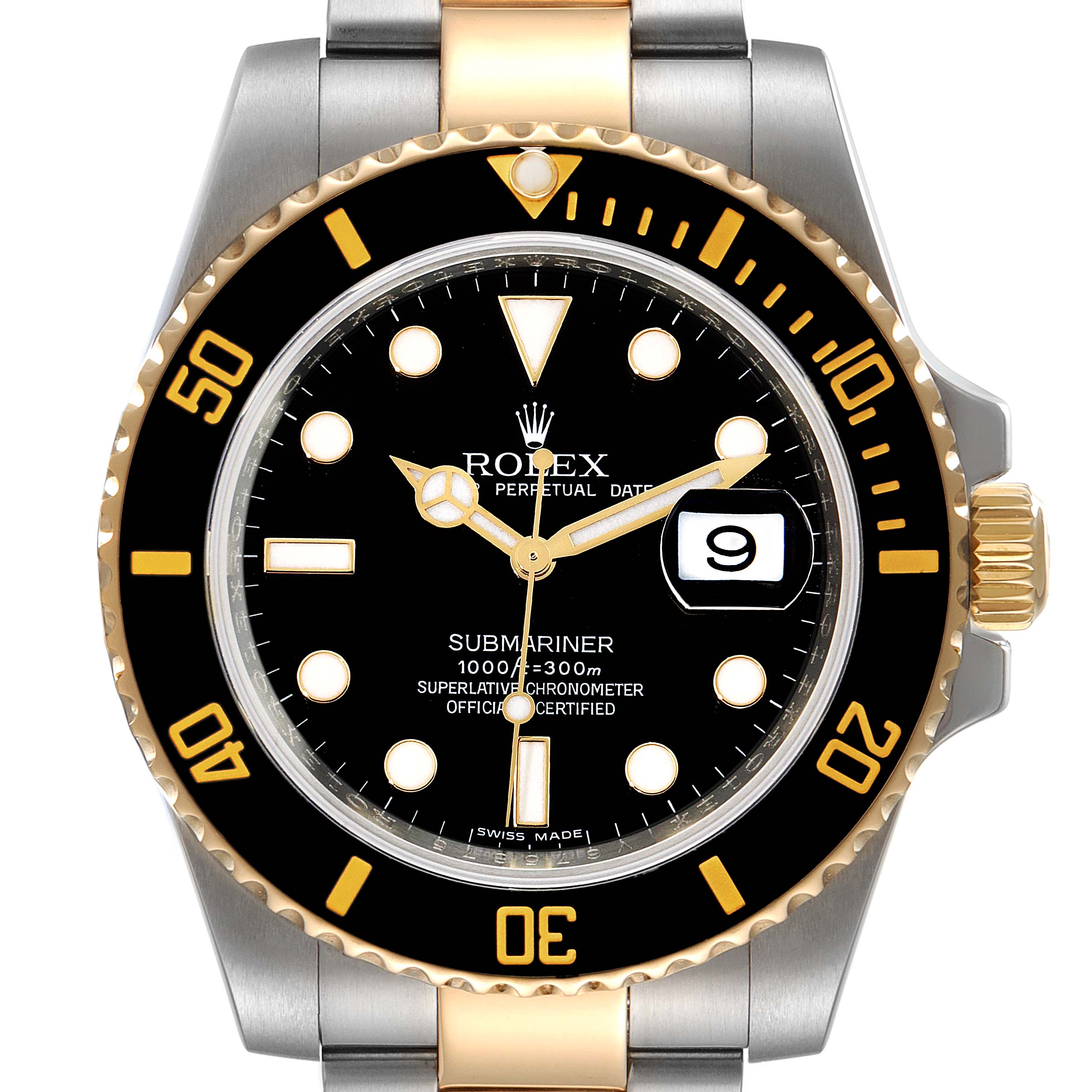 This image shows a front view of a Rolex Submariner 116613 Men's Steel and Gold (two tone) Black Dial 116613 Men's Steel and Gold (two tone) Black Dial watch, highlighting the black dial, bezel, and two-tone bracelet.