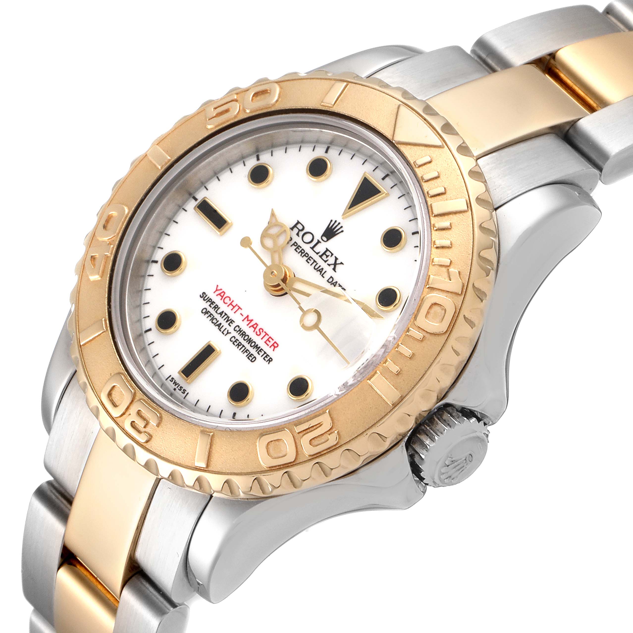This Rolex Yacht-Master 69623 Women's Steel and Gold (two tone) White Dial 69623 Women's Steel and Gold (two tone) White Dial watch is shown at an angled close-up, highlighting its dial, bezel, and part of the bracelet.