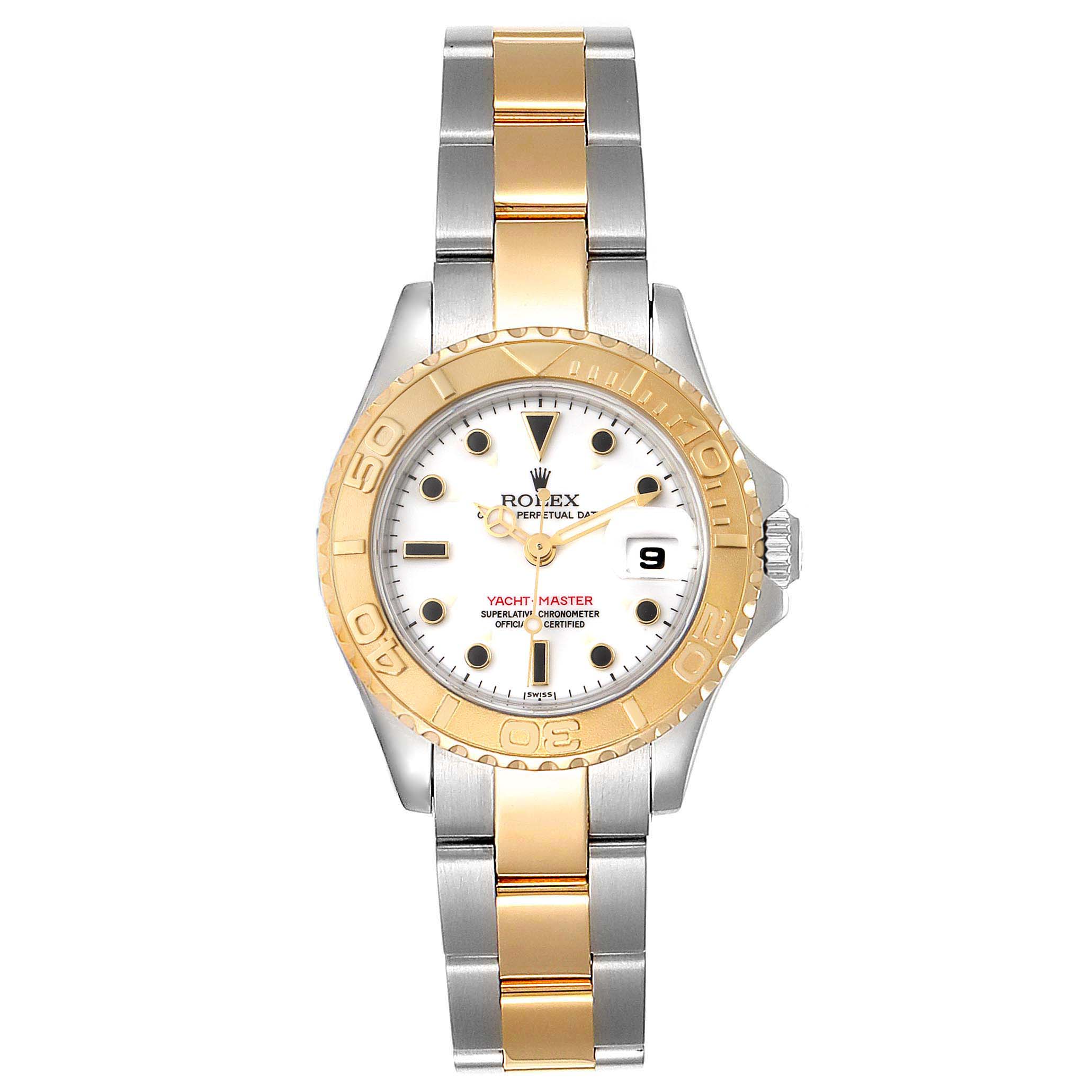 The image shows a front view of a Rolex Yacht-Master 69623 Women's Steel and Gold (two tone) White Dial 69623 Women's Steel and Gold (two tone) White Dial watch featuring a two-tone band and a white dial with gold accents.