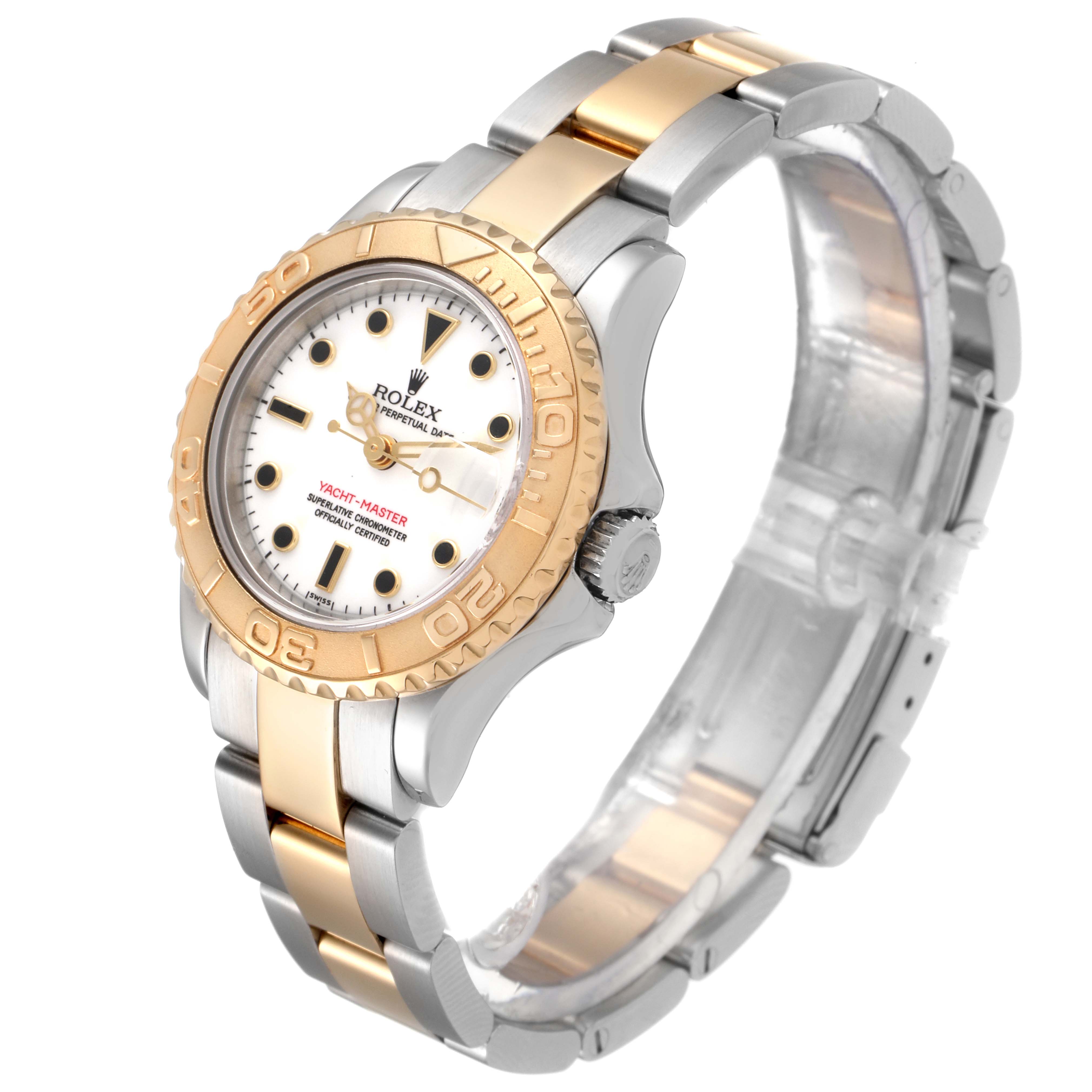 This Rolex Yacht-Master 69623 Women's Steel and Gold (two tone) White Dial 69623 Women's Steel and Gold (two tone) White Dial watch is shown at a slight angle displaying its bracelet, bezel, dial, and crown.