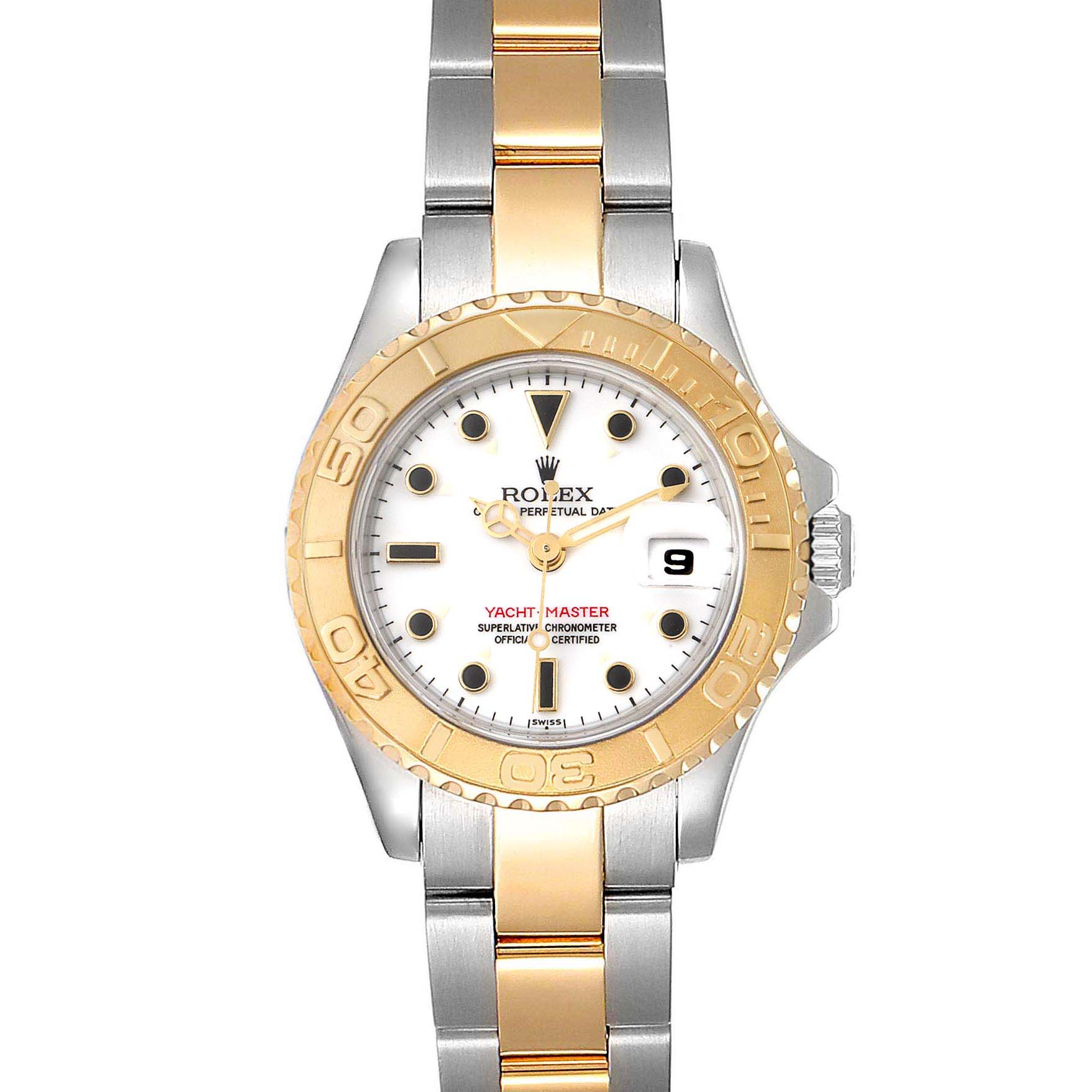 The Rolex Yacht-Master 69623 Women's Steel and Gold (two tone) White Dial 69623 Women's Steel and Gold (two tone) White Dial watch is shown from a top-down angle, highlighting the bezel, dial, hands, and bracelet.