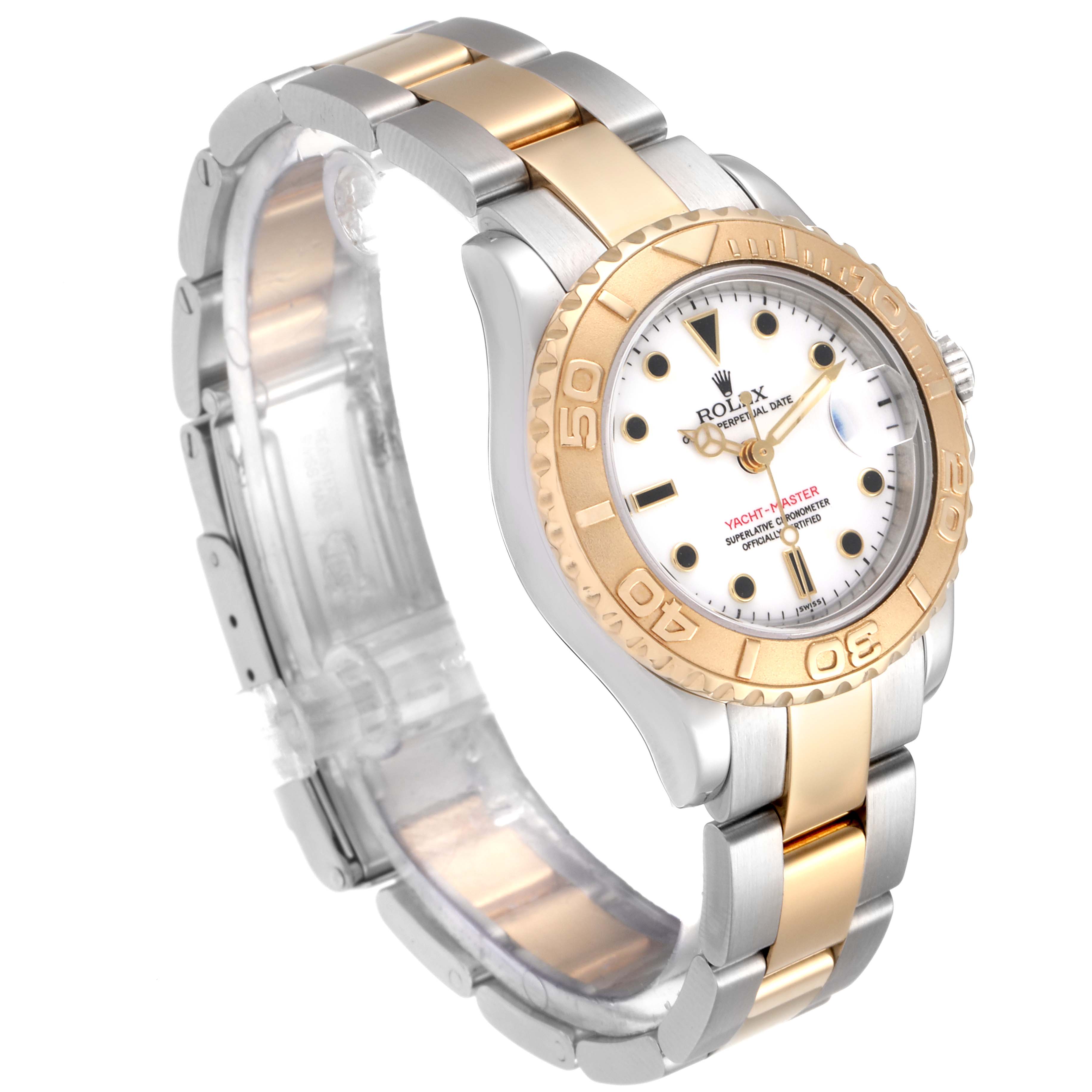 The image shows a side angle of the Rolex Yacht-Master 69623 Women's Steel and Gold (two tone) White Dial 69623 Women's Steel and Gold (two tone) White Dial watch, highlighting the two-tone bracelet, bezel, and face.