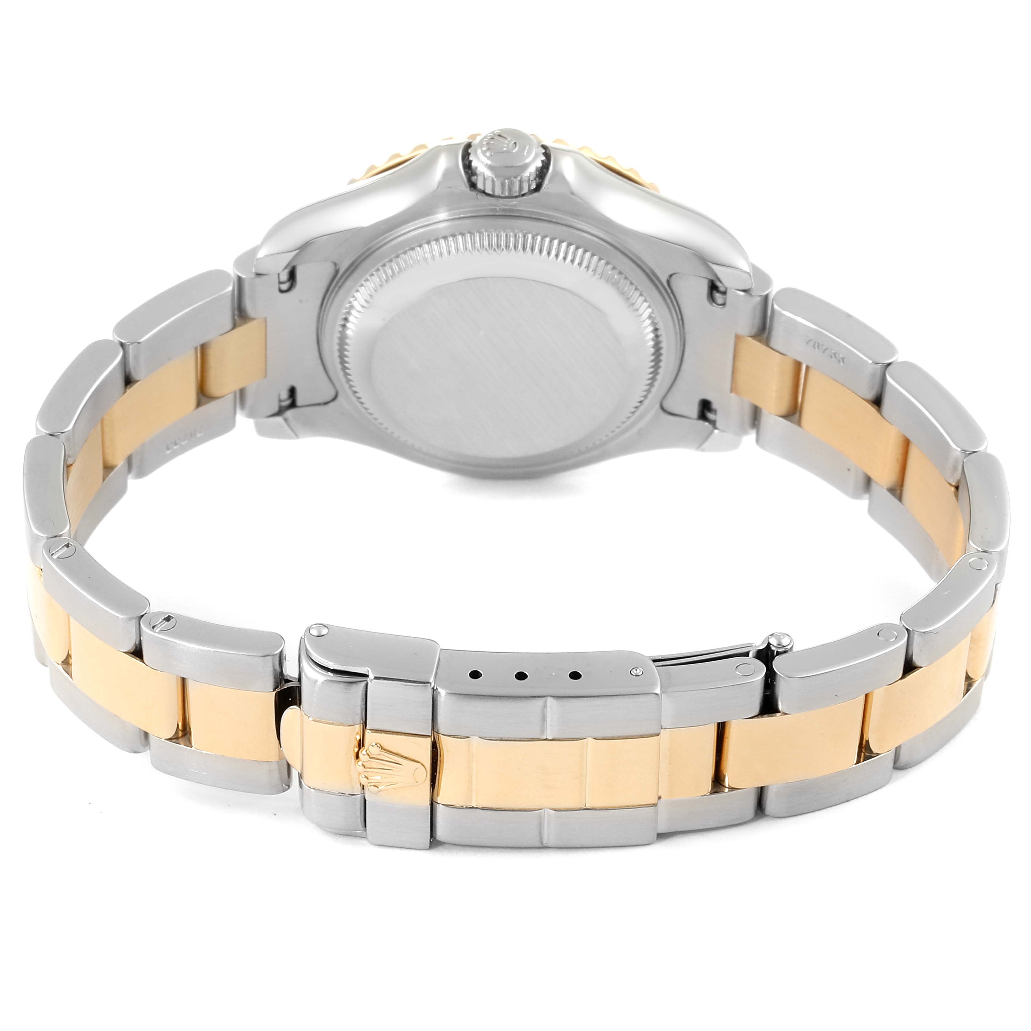 The image shows the back and clasp of a Rolex Yacht-Master 69623 Women's Steel and Gold (two tone) White Dial 69623 Women's Steel and Gold (two tone) White Dial watch, highlighting its two-tone bracelet.