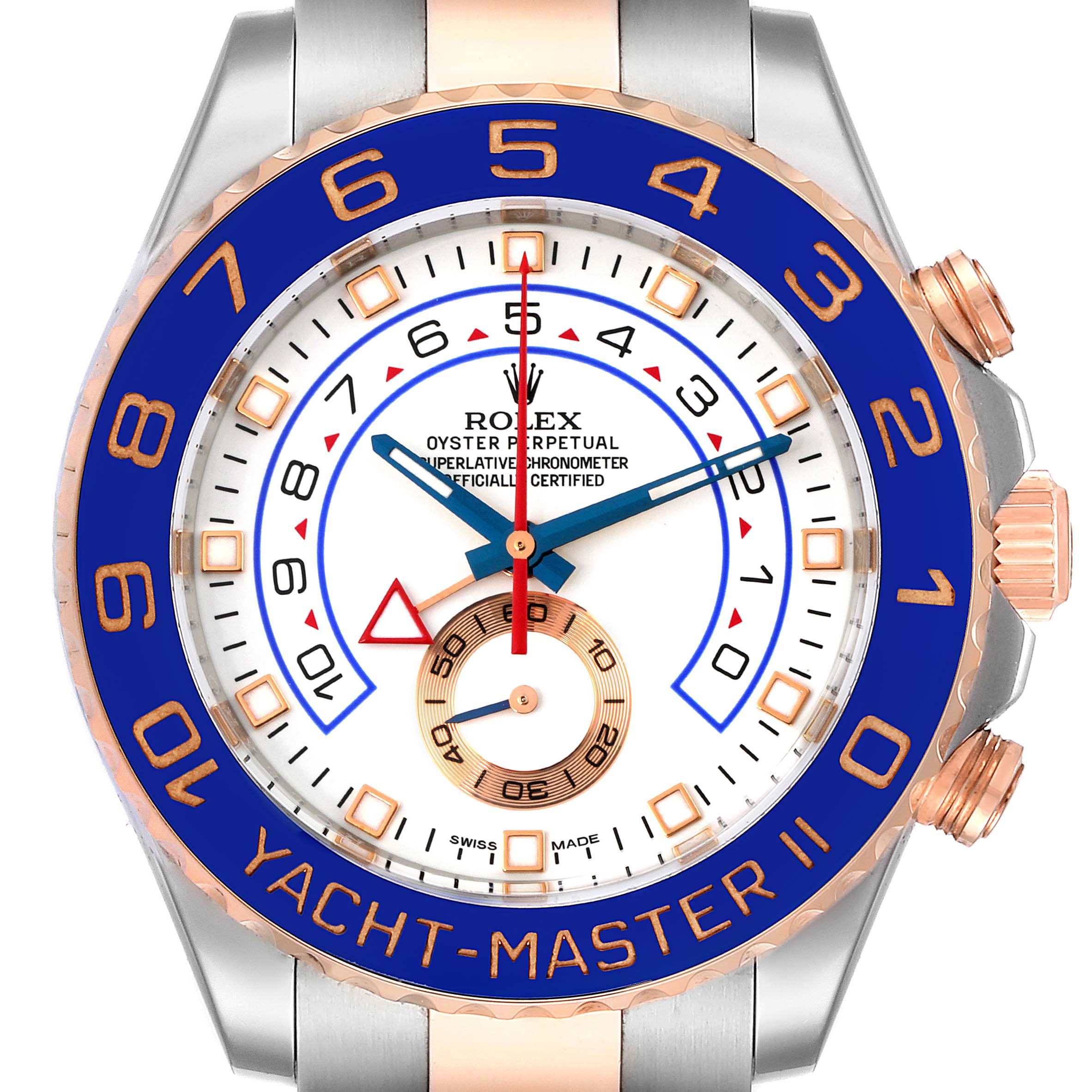 The image shows a front view of the Rolex Yacht-Master 116681 Men
s Steel and Gold (two tone) White Dial 116681 Men
s Steel and Gold (two tone) White Dial II watch, detailing its dial, bezel, and crown.